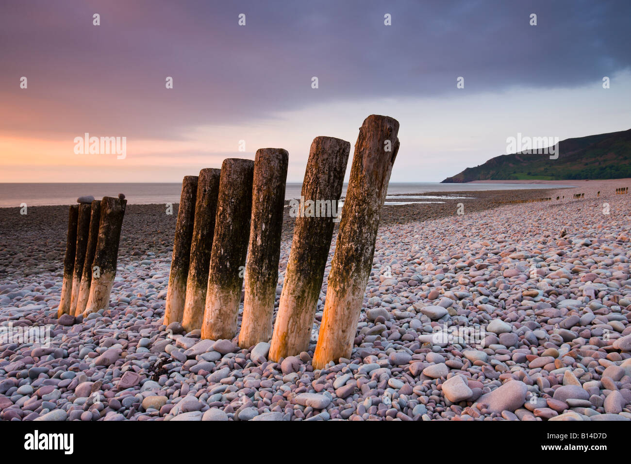 Legno stagionato le difese costiere a Bossington Beach nel Parco Nazionale di Exmoor Somerset Inghilterra Foto Stock