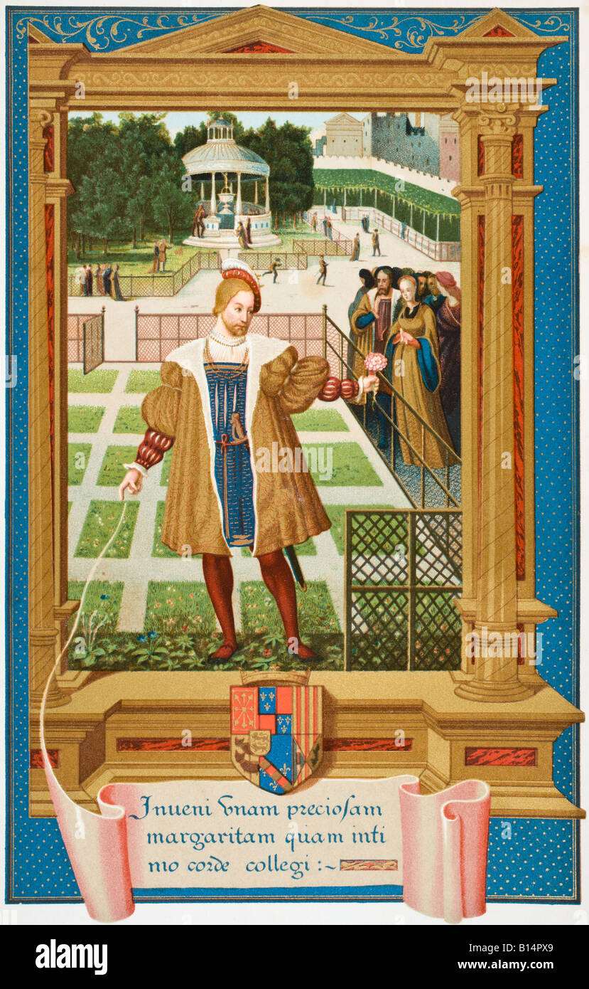 Enrico II di Navarra, 1503 - 1555, incontro Margaret di Angoulême, 1492 - 1549 nei giardini di Alencon. Foto Stock
