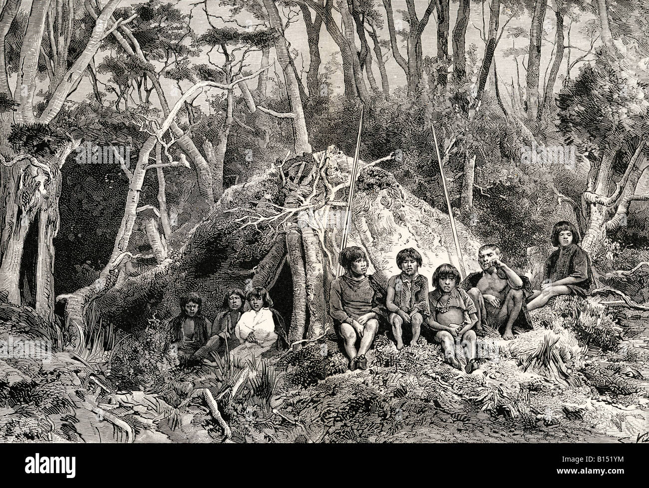 I Fuegiani e i loro wigwam su Tierra del Fuego. Dal giornale del libro delle ricerche di Charles Darwin Foto Stock