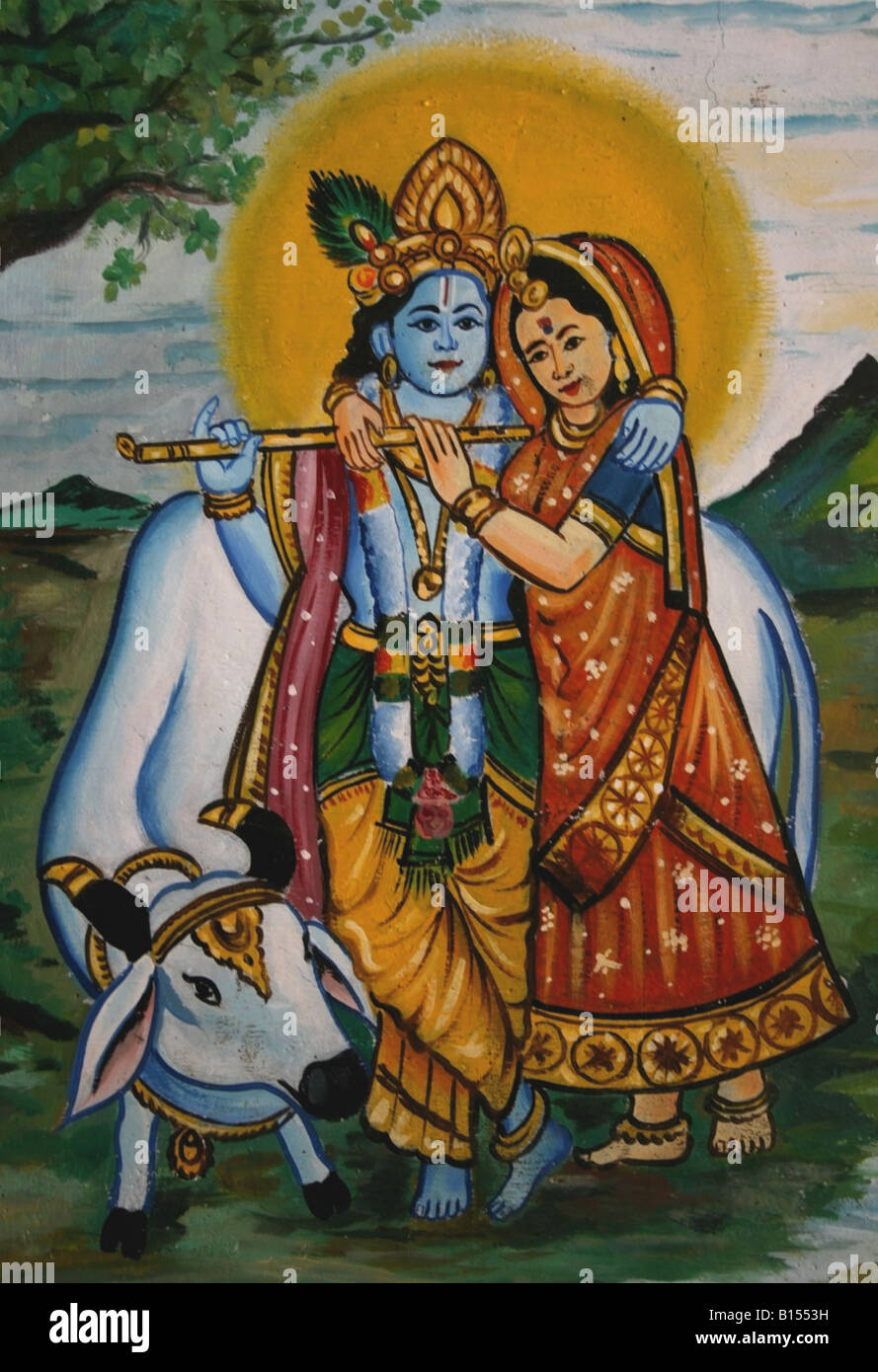 Illustrazione murale ona tempio indù parete di krishna , sua moglie Radha e la sua mucca pet , Tamil Nadu , India Foto Stock