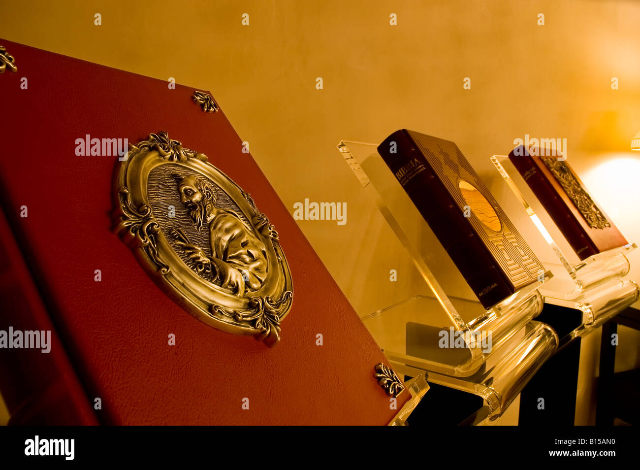 Esposizione di antichi e preziosi libri in una libreria Foto Stock