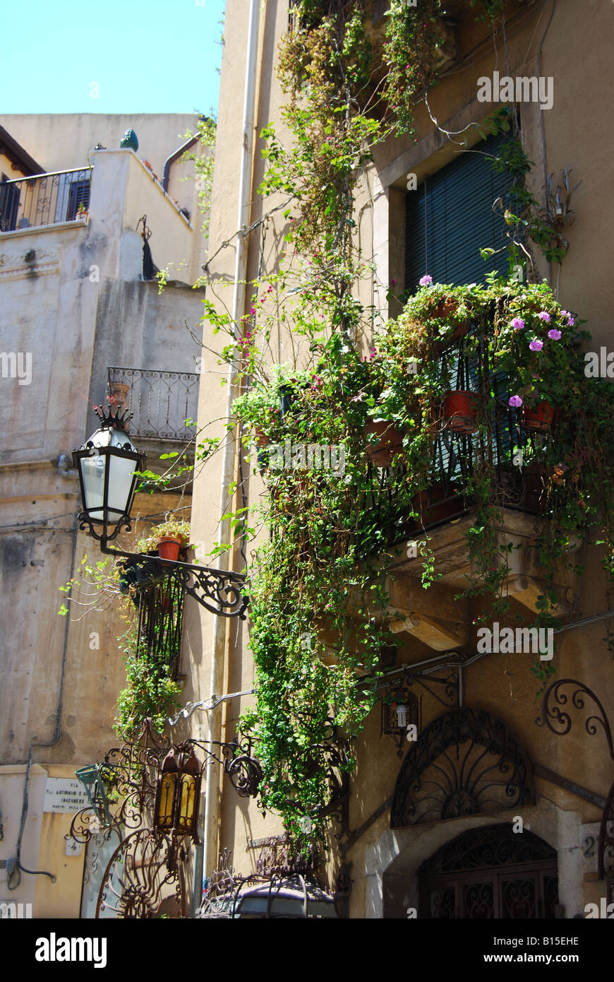 Balcone con fiori, Corso Umberto I, Taormina, Provincia di Messina, Sicilia, Italia Foto Stock