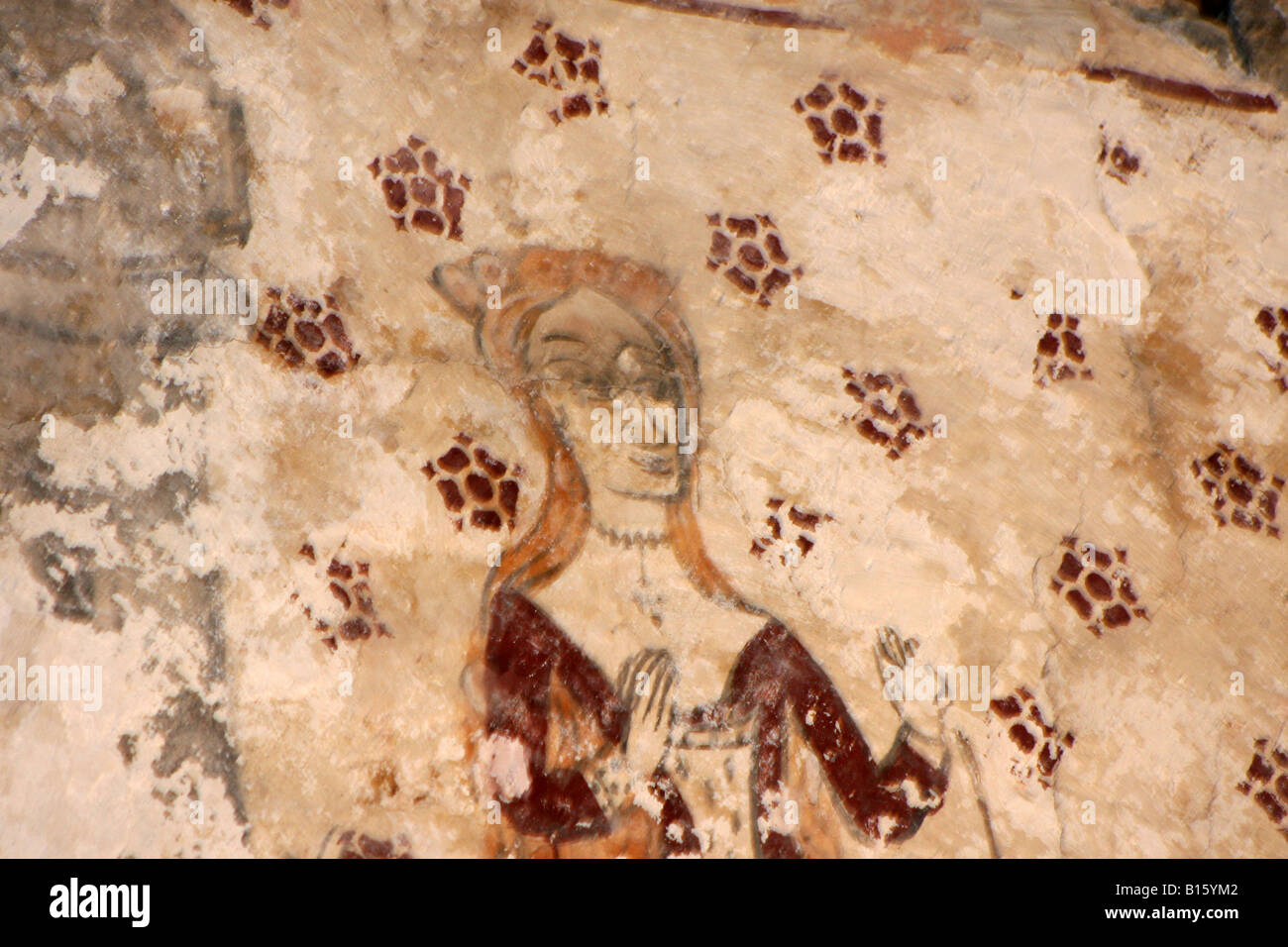 Pittura murale medioevale chiesa Llancarvan restauro Foto Stock