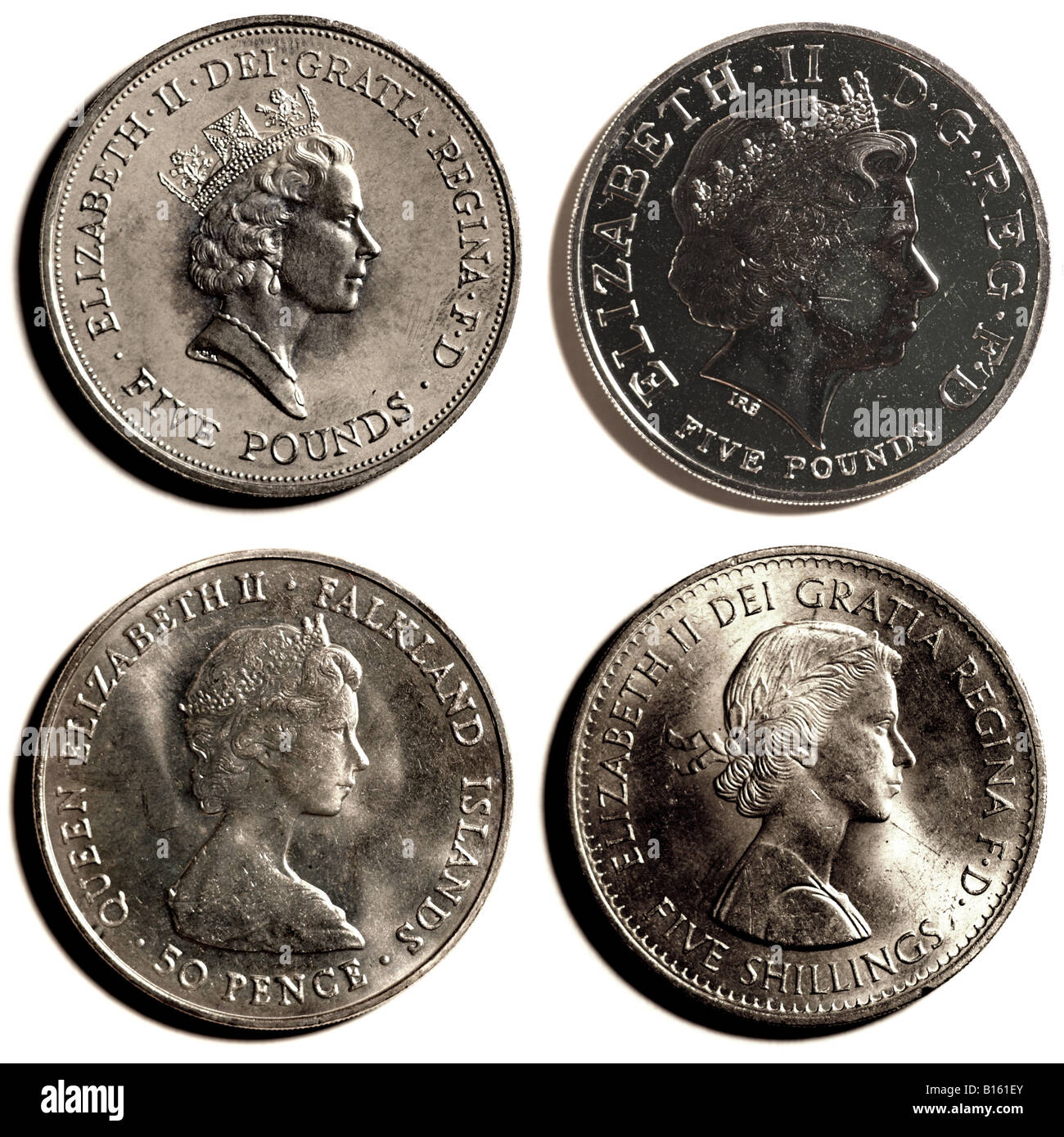"Quattro teste di Queen Elizabeth II sulle monete moderne' Foto Stock