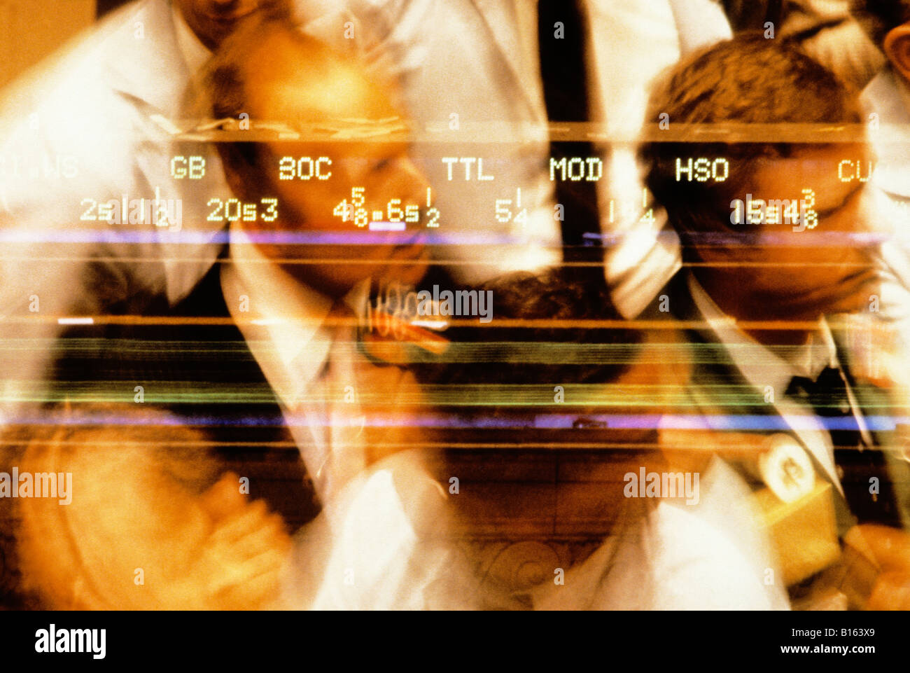 American Stock Exchange Floor.piano di negoziazione e nastro dei prezzi dei dati di negoziazione. Wall Street, quartiere finanziario di Lower Manhattan, New York City, USA AMEX Foto Stock