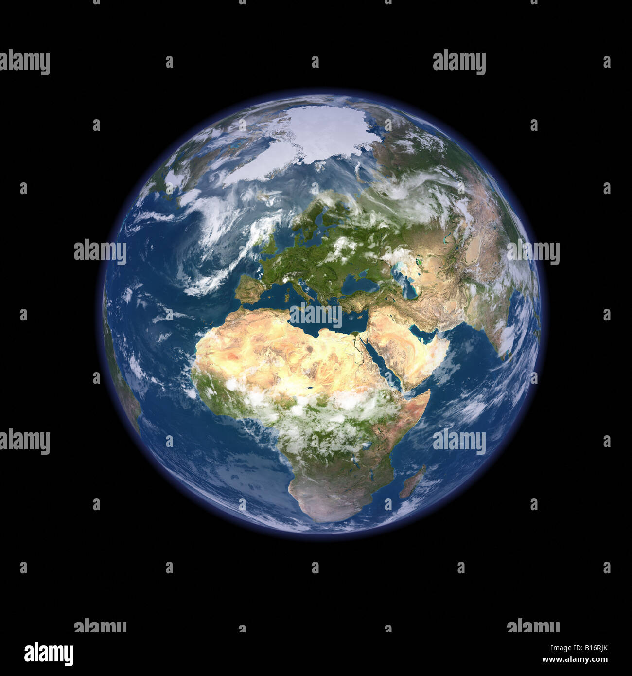 Pianeta Terra, ad altissima risoluzione, topografia reale rendering. Contro il nero notte stellata sfondo Foto Stock