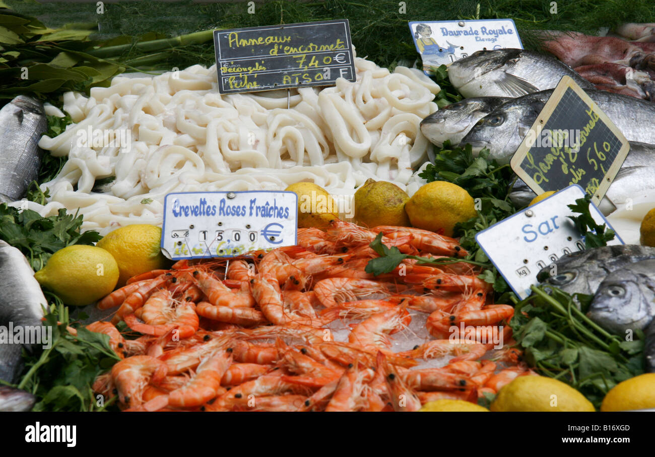 Display sul mercato del pesce in Piazza Richelmi, Aix en Provence, Francia meridionale. Foto Stock