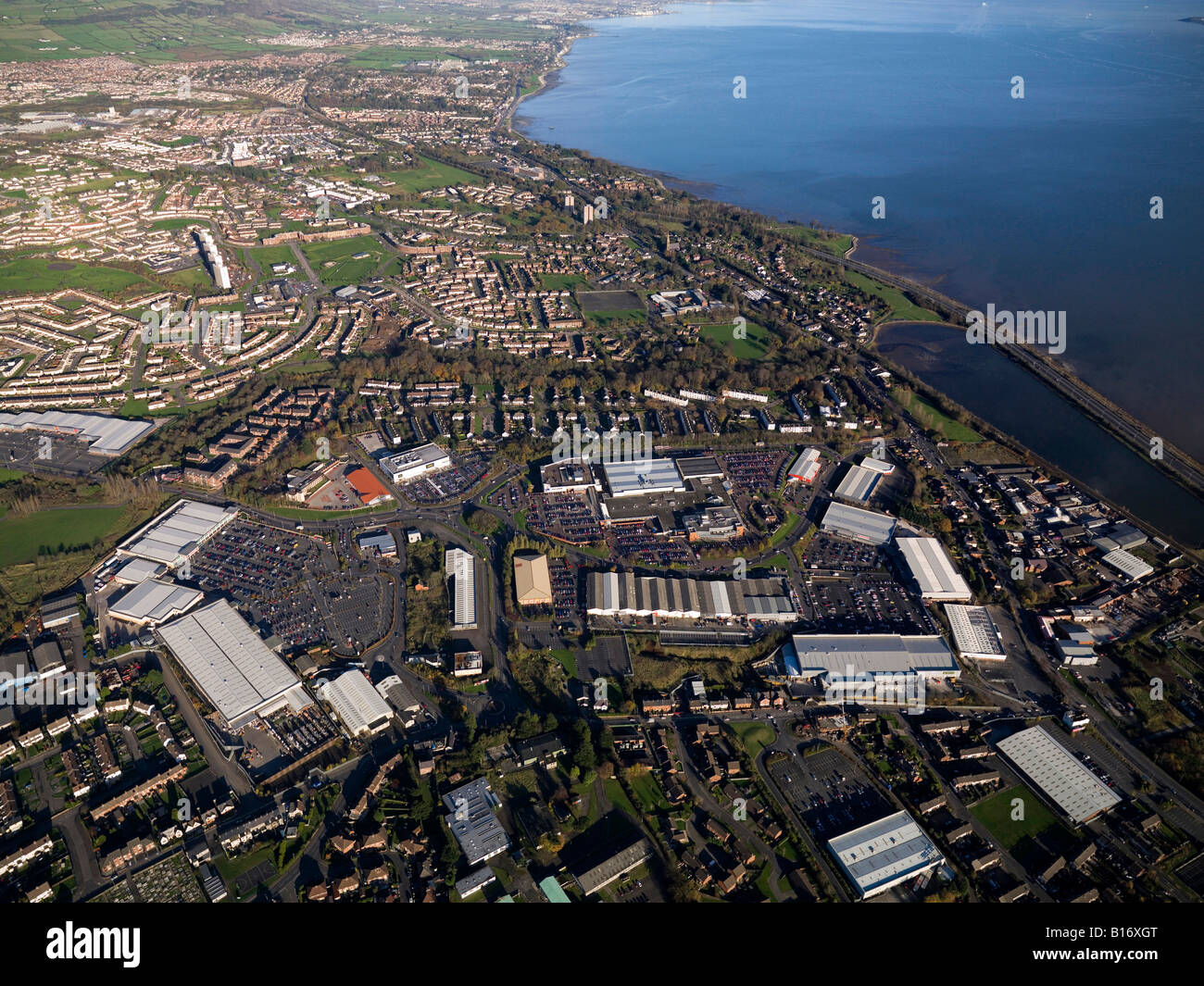 Vista aerea di Newtownabbey a Belfast nord, Co. Antrim, Irlanda del Nord Foto Stock