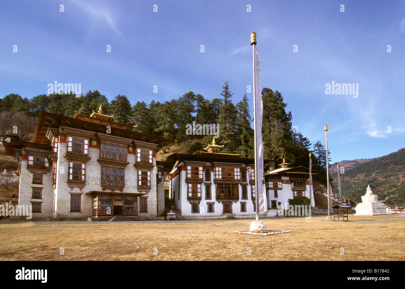 Il Bhutan Jakar Bumthang Valley Kurjey Lhakhang tempio c8th Foto Stock