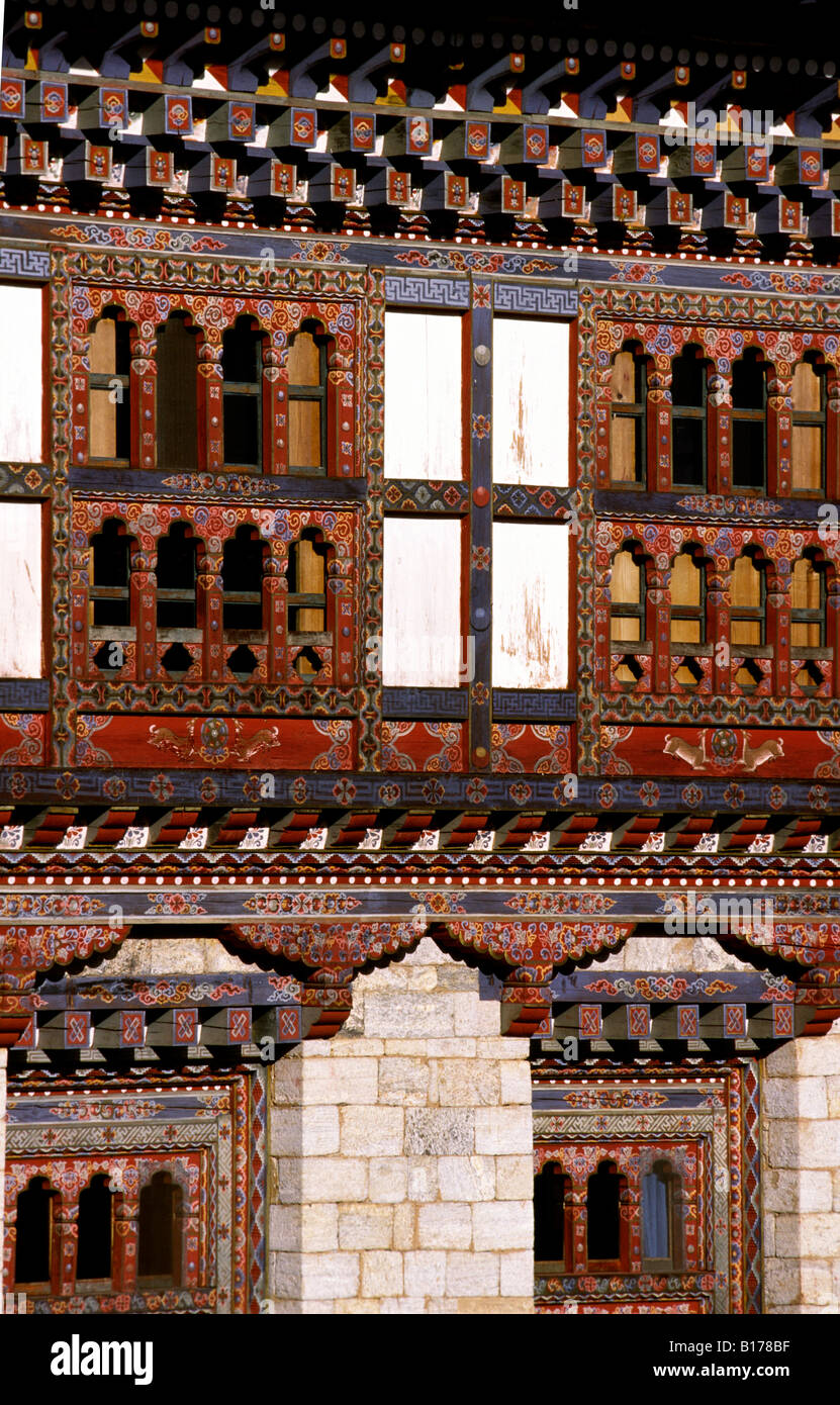 Il Bhutan Jakar Bumthang Valley Kurjey Lhakhang finestra dettaglio Foto Stock
