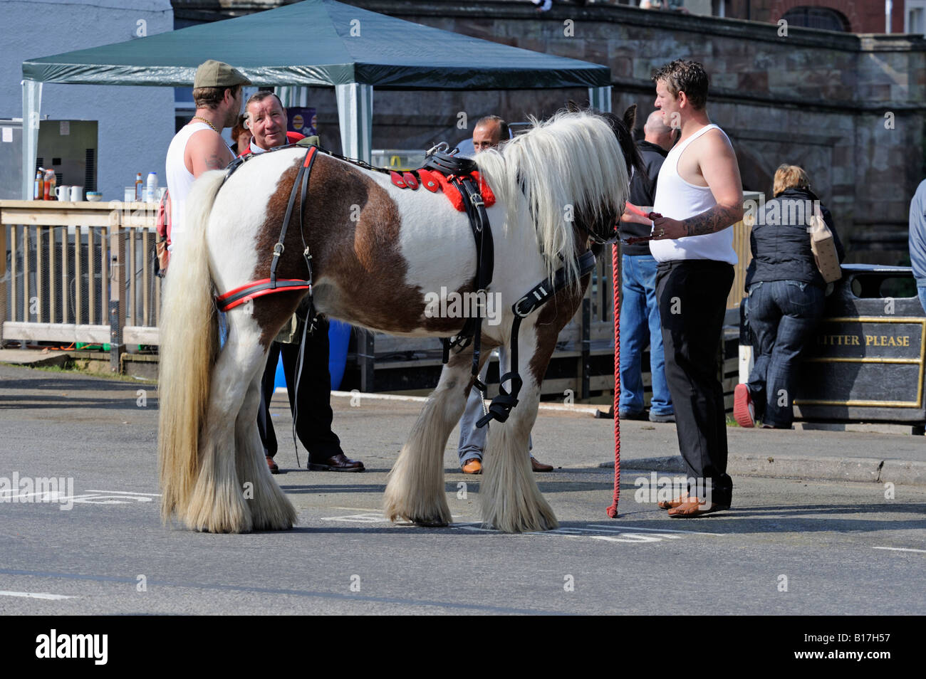 Viaggiatore zingaro cavallo i concessionari e gli spettatori a Appleby Horse Fair. Appleby-in-Westmoreland, Cumbria, Inghilterra, Regno Unito. Foto Stock