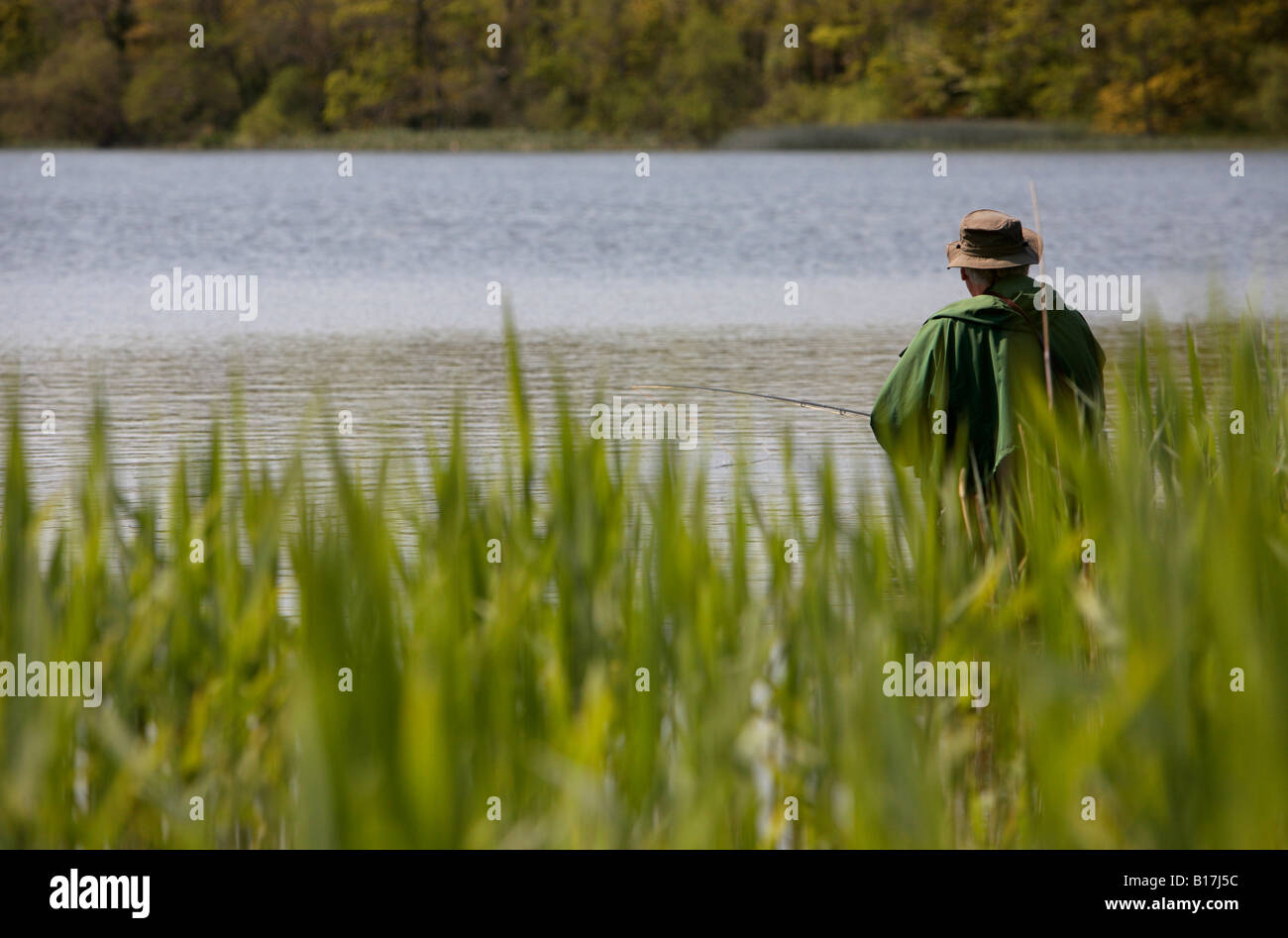 Uomo di pesca a mosca in un lago della contea di Down Irlanda del Nord Foto Stock