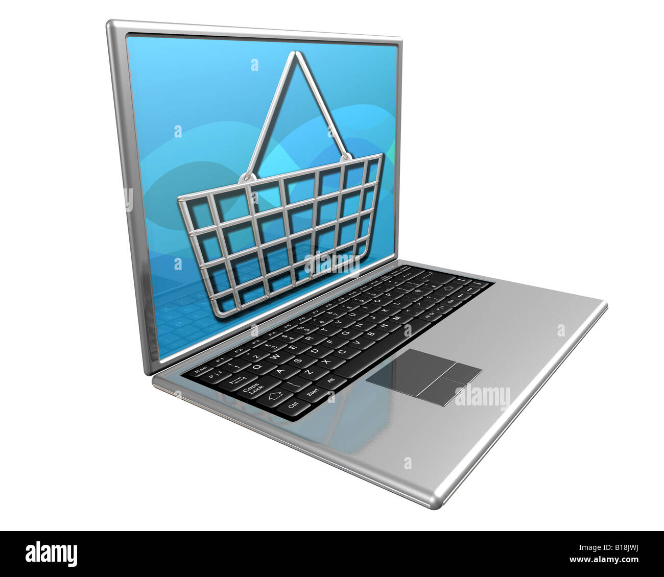 Computer portatile mostra un carrello per rappresentare lo shopping online Foto Stock