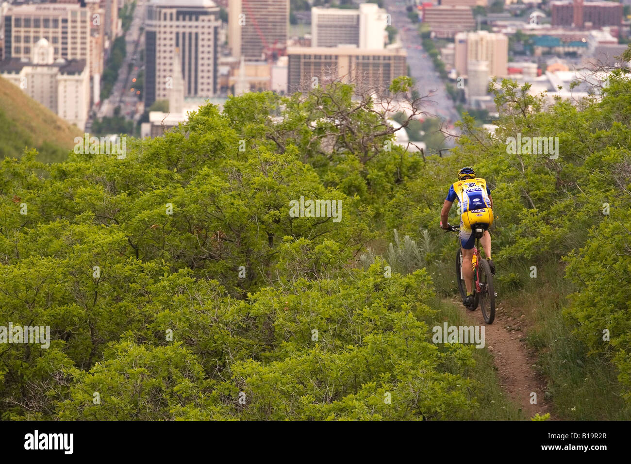 Un mountain biker scendendo un sentiero nelle colline sopra di Salt Lake City, Utah USA Il centro dei citys è visibile in background Foto Stock