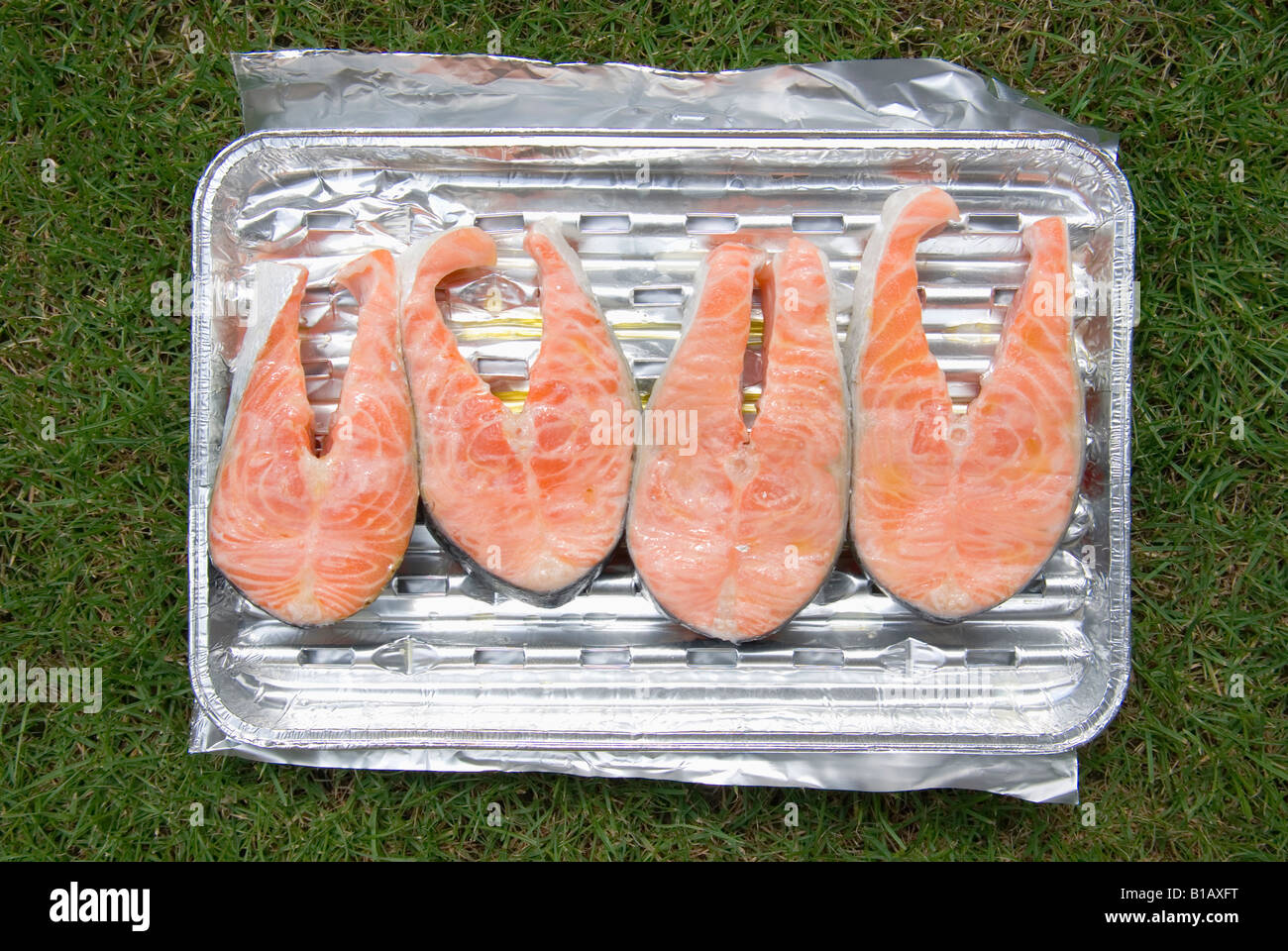 Filetti di Salmone su Barbecue griglia in alluminio pan, vista in elevazione Foto Stock