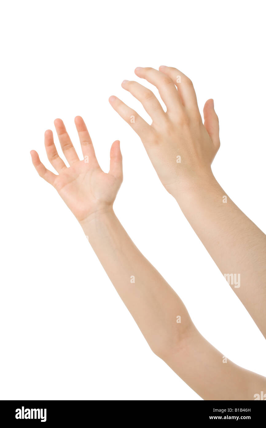 Le mani aperte nella preghiera isolati su sfondo bianco Foto Stock