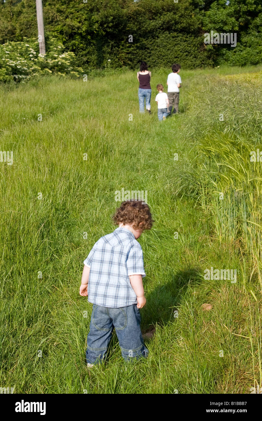 La famiglia Mamma e 3 ragazzi camminando lungo il bordo di un campo di mais. Il ragazzo è in ritardo. Foto Stock