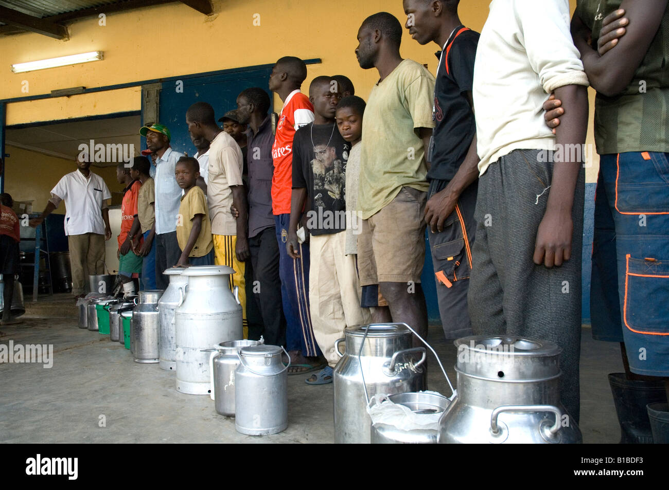 Gli agricoltori del settore lattiero queueing a consegnare latte fresco ad un caseificio i piccoli contadini in Magoye, Zambia Foto Stock