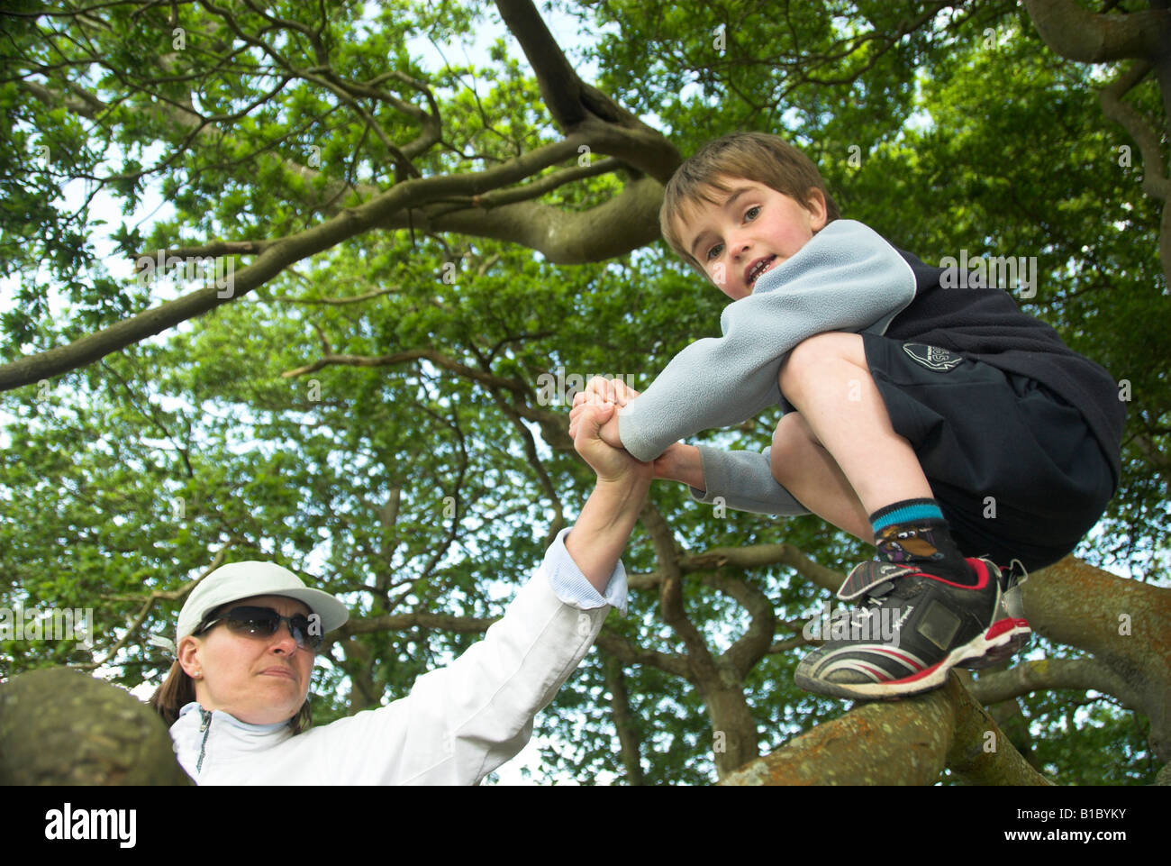 Madre aiutare ragazzino salire un albero Foto Stock