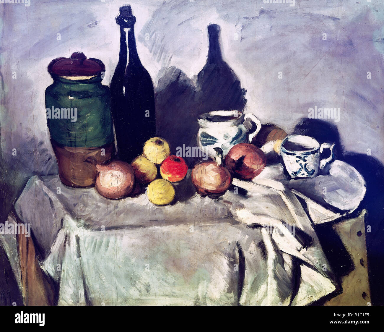 Belle arti, Cezanne, Paul (19.1.1893 - 22.10.1906), pittura, 'Still vita con frutta e piatti', intorno al 1869 - 1871, bottiglia, t Foto Stock