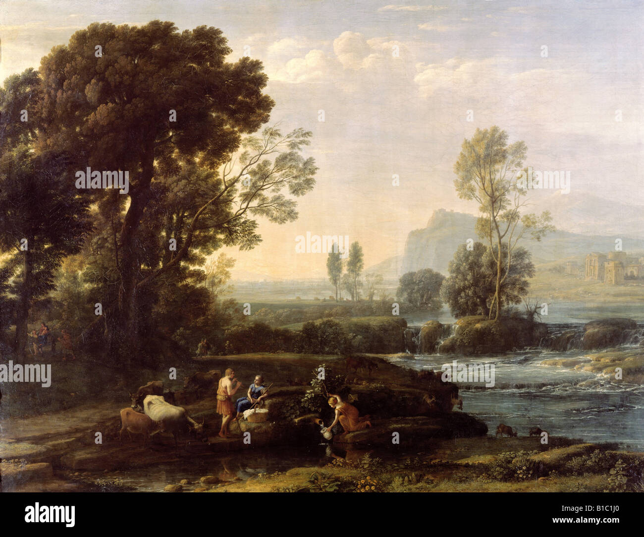 Belle arti, Lorrain Claude (1600 - 23.11.1682), pittura, 'Paesaggio con riposo nella fuga in Egitto", 1647, olio su tela, Staatli Foto Stock