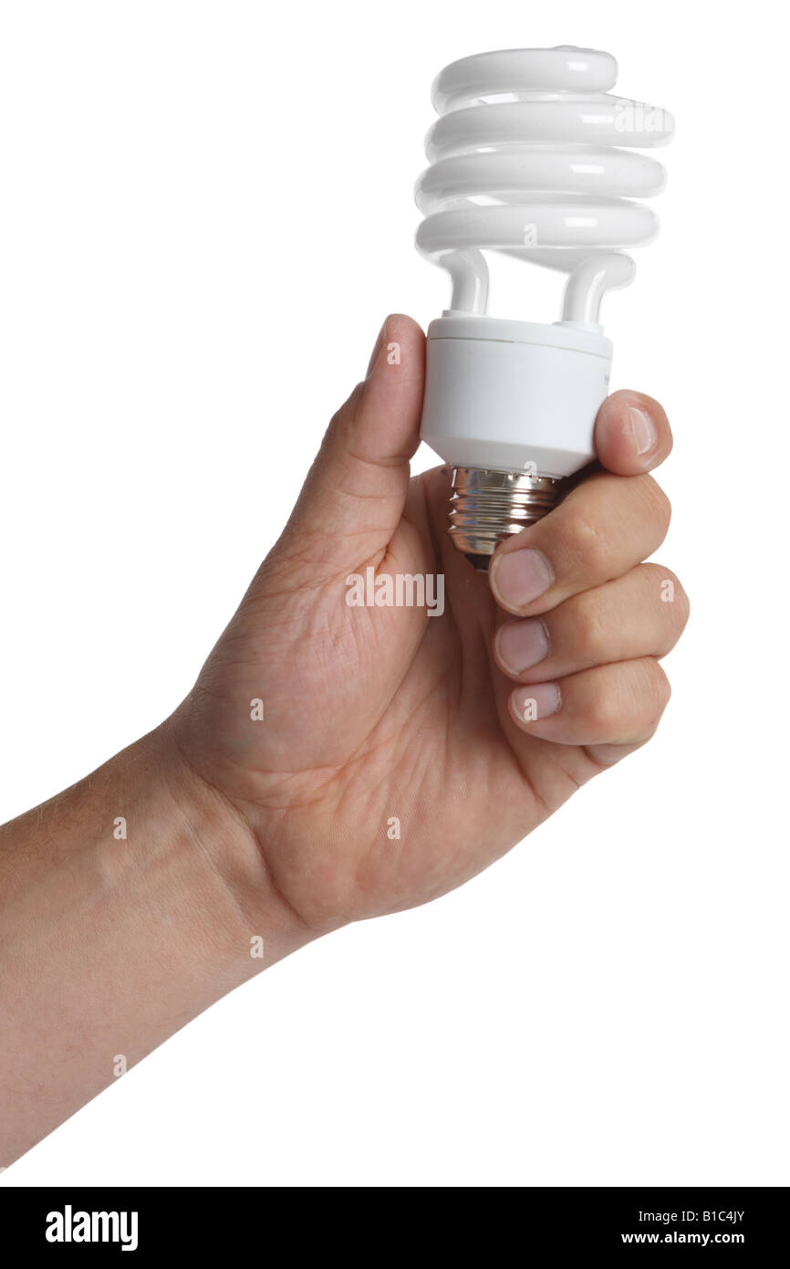 Mano azienda fluorescente compatta lampadina luce ritagliata su sfondo bianco Foto Stock