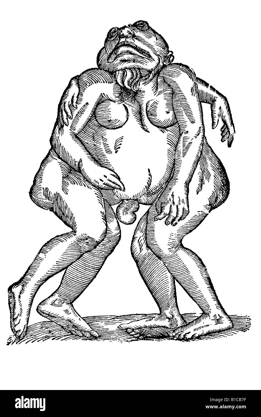 Monstrum bicorpor unico capite valde monstroso, Aldrovandi, 1642, secolo XVII, Rinascimento, Europa Foto Stock