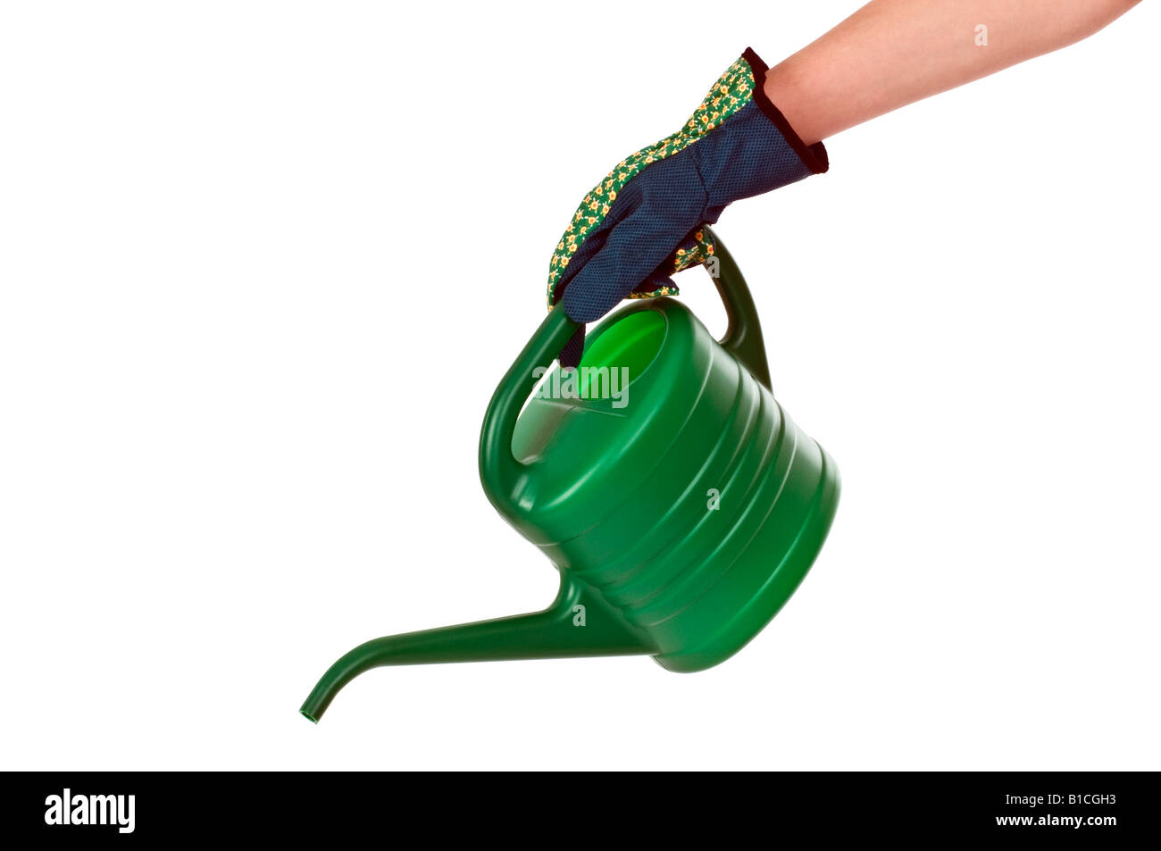 Donna con guanti e watercan Foto Stock