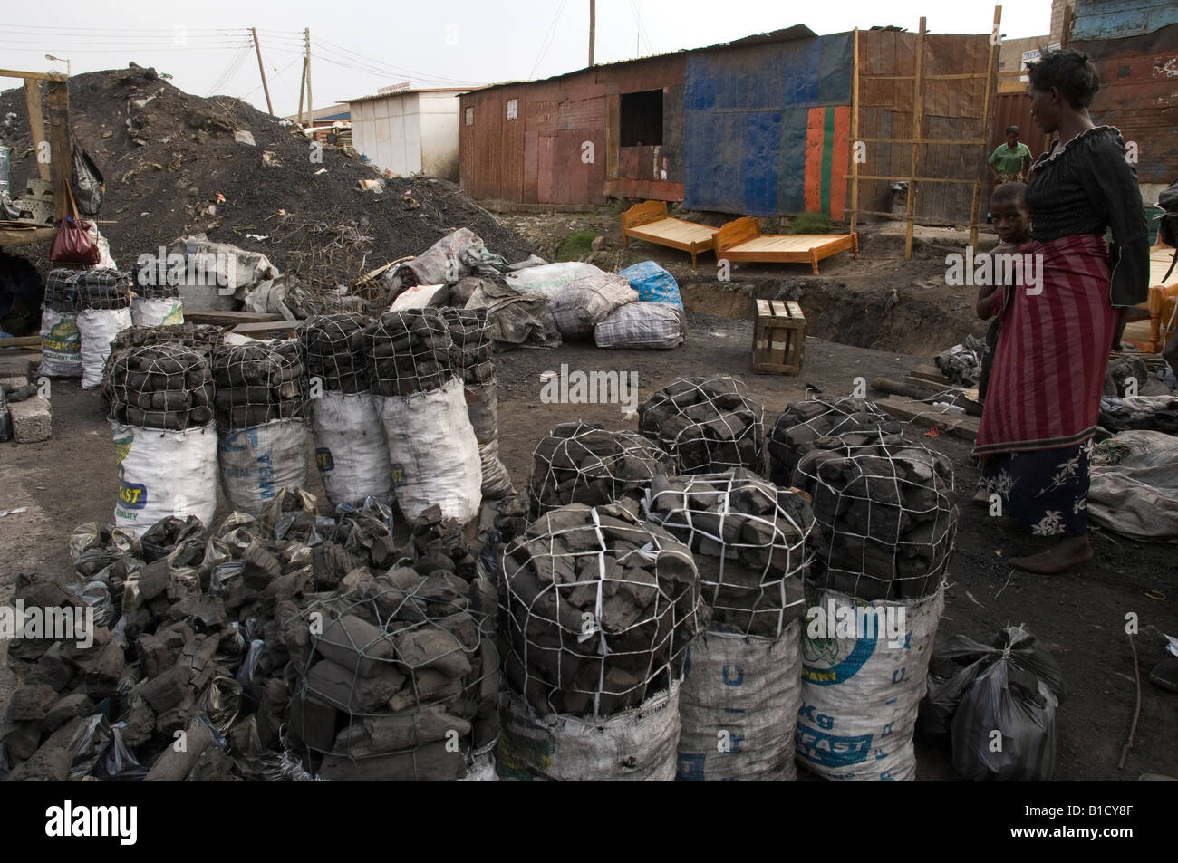 Carbone di legna confezionati in sacchetti venduti a Kamwala mercato a Lusaka, nello Zambia Foto Stock