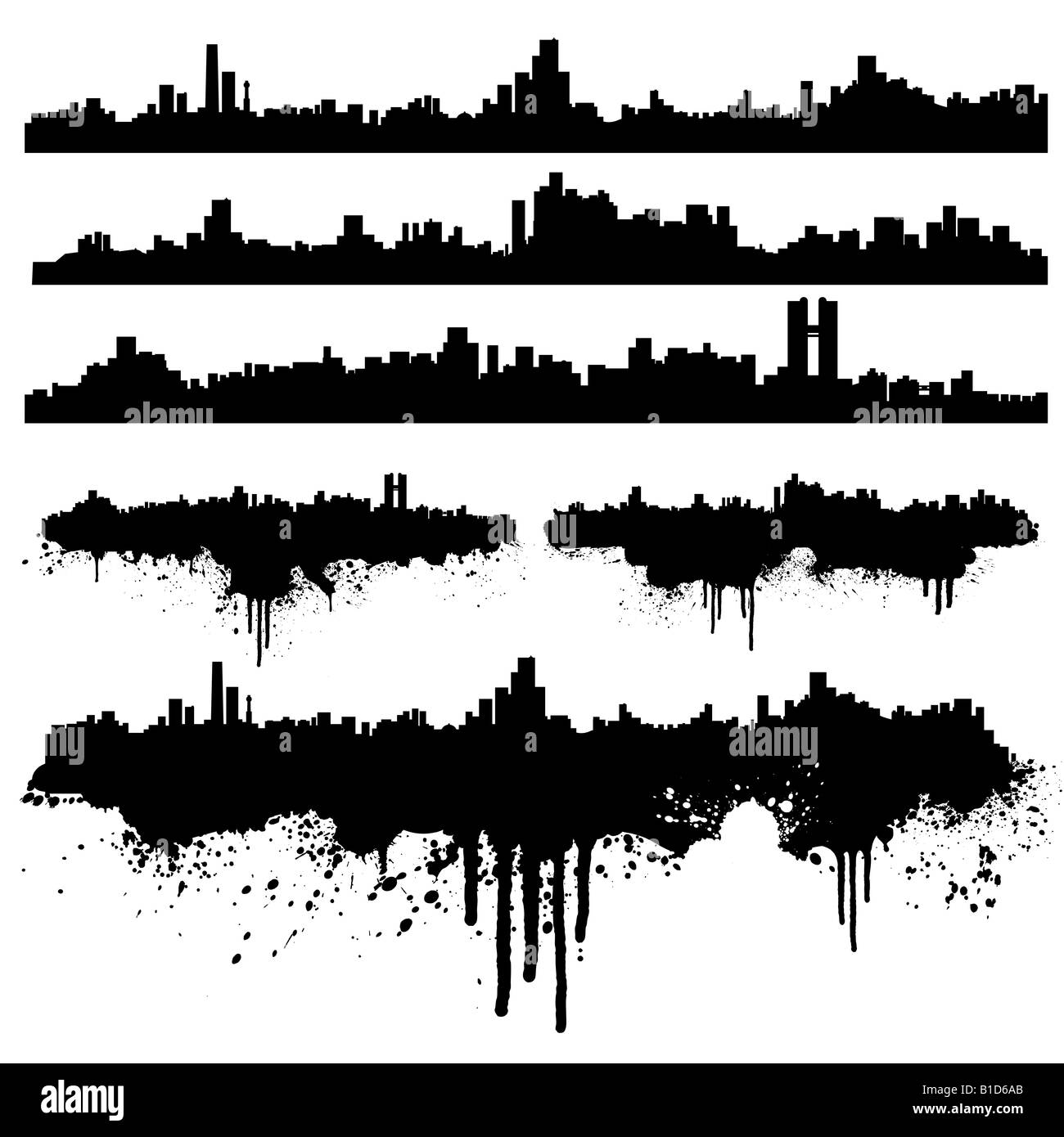 Illustrazione Vettoriale di sei urbane dall'alto pulito e versioni di spruzzi di spruzzi di inchiostro altamente dettagliata Foto Stock