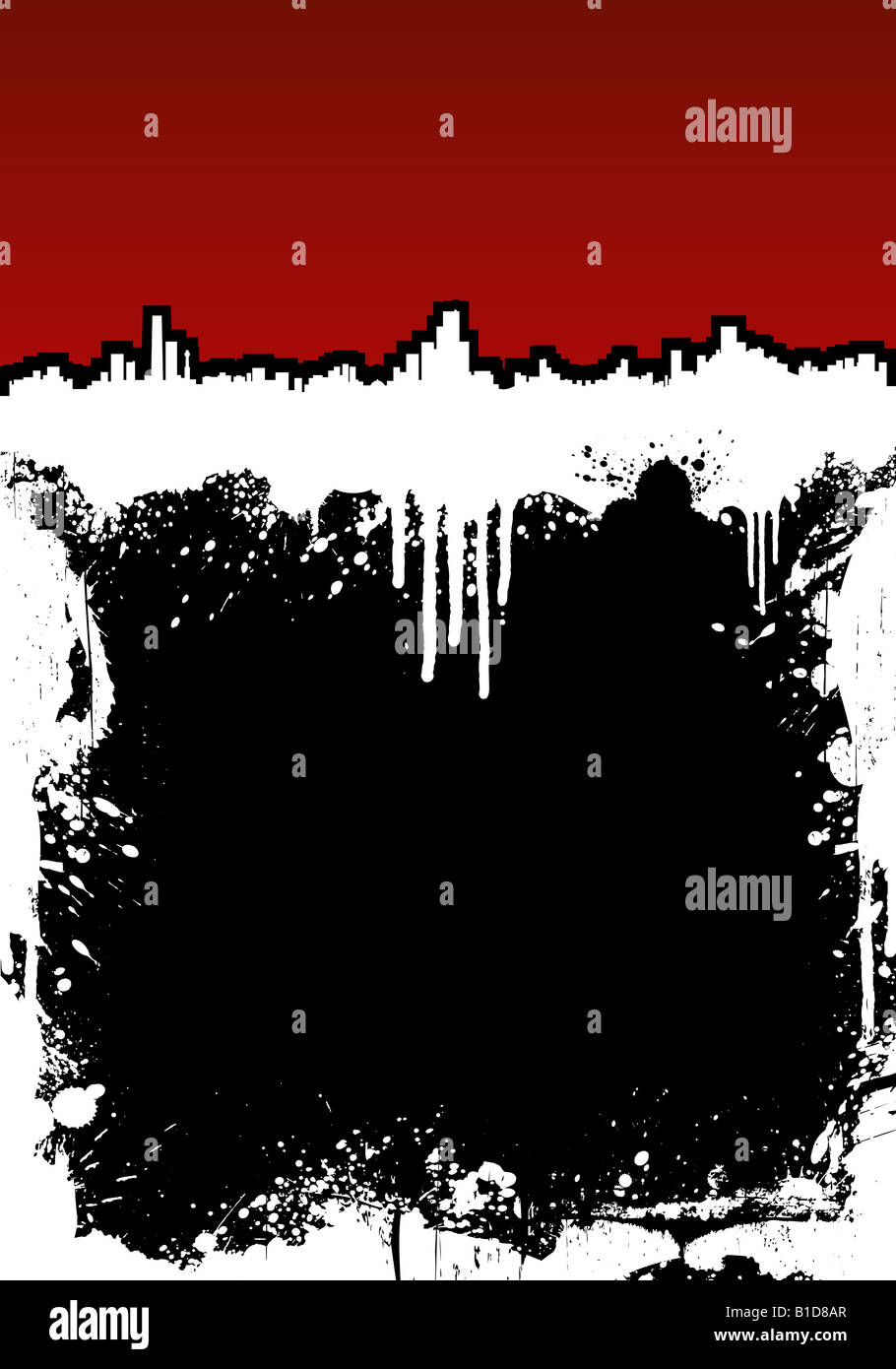 Illustrazione vettoriale di un inchiostro spruzzi di telaio grunge lo sfondo con il drammatico paesaggio urbano nella parte superiore Foto Stock