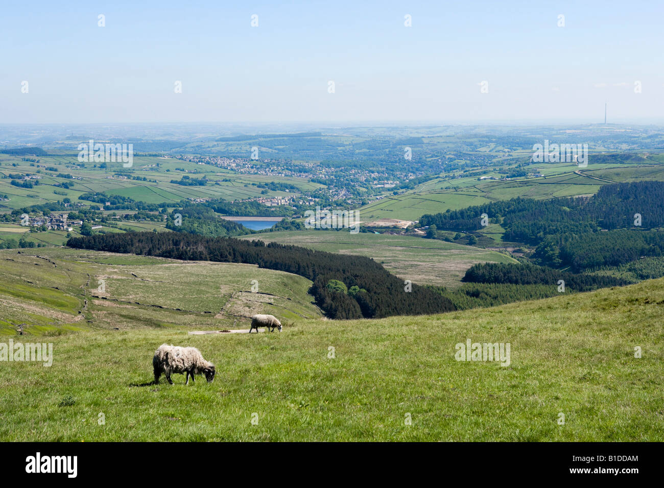 Vista su Holmfirth e la Holme Valley da Holme Moss, West Yorkshire, Inghilterra, Regno Unito Foto Stock