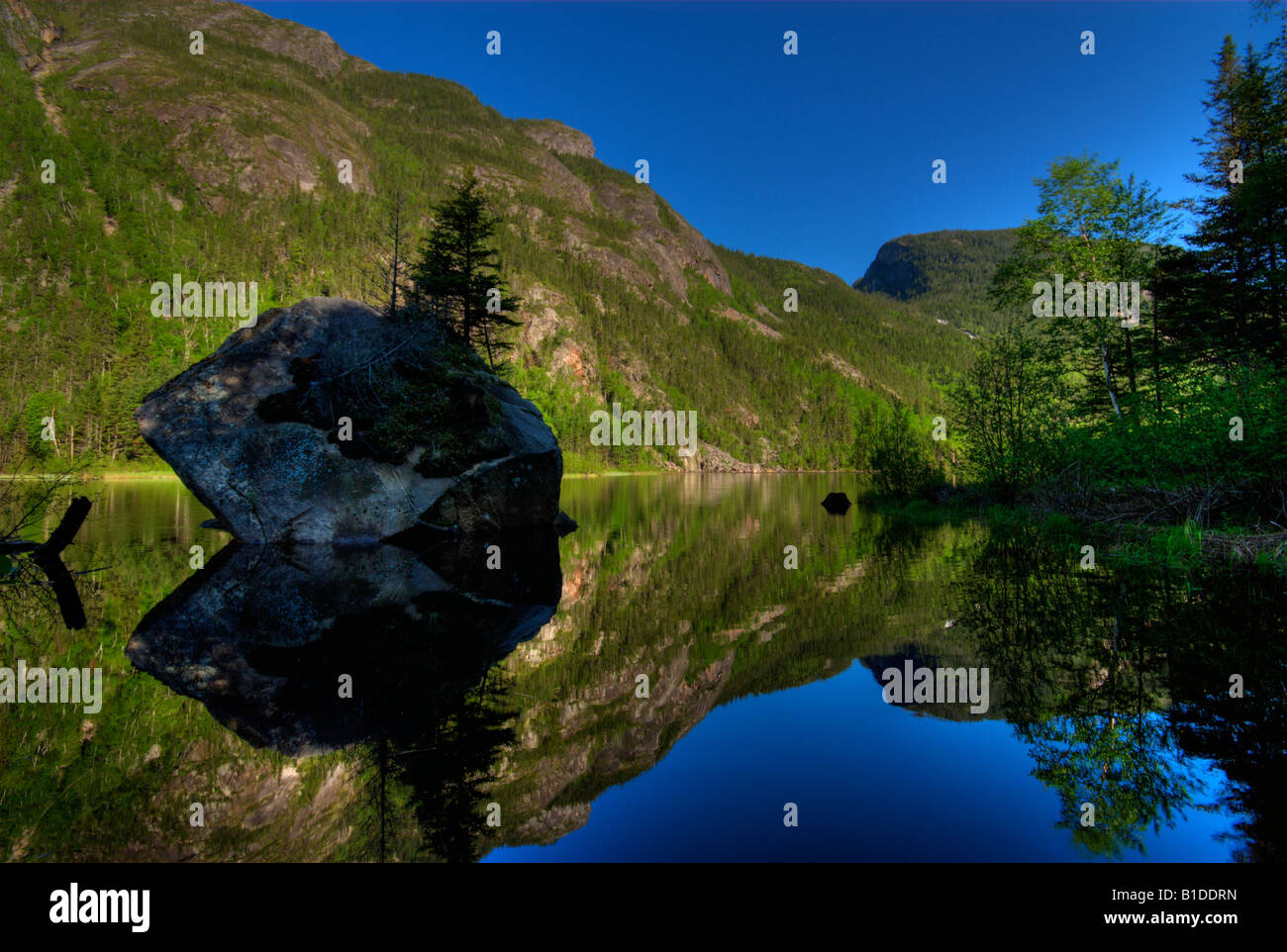 Calma mattina sul fiume Malbaie, Charlevoix, Canada Foto Stock