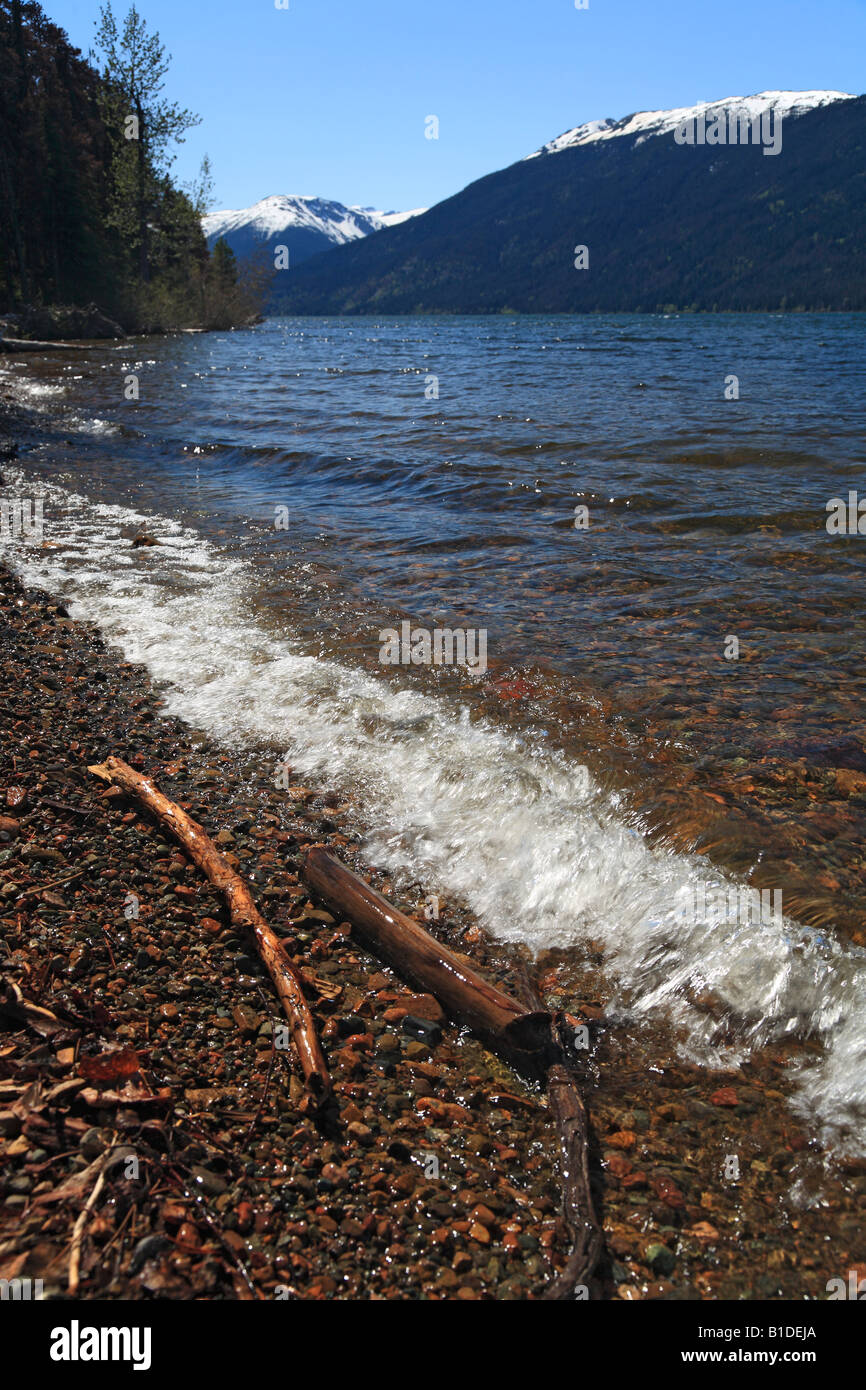 La riva del lago Morice con gamma Morice montagne sullo sfondo il lago Morice BC Foto Stock