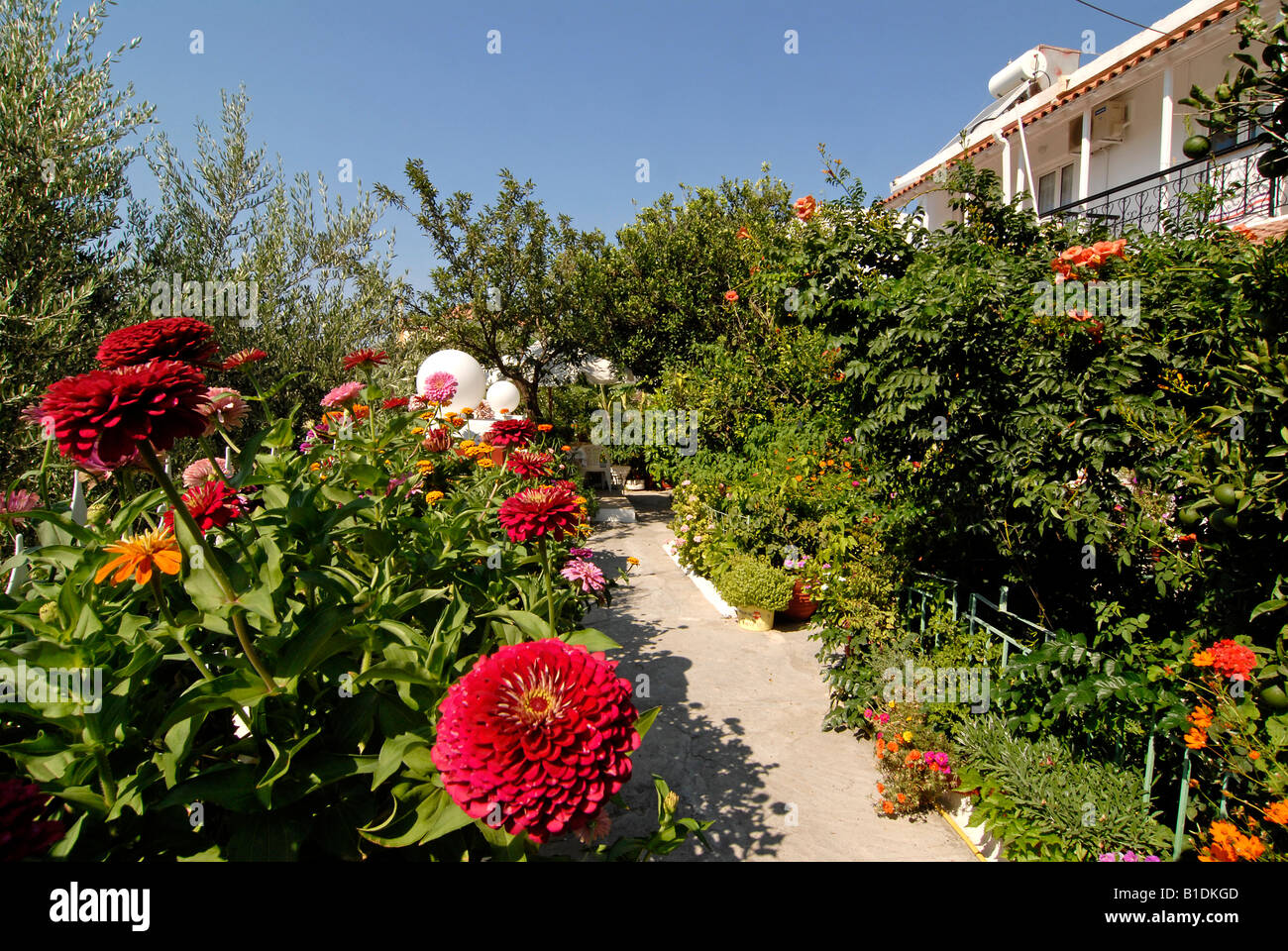 Casa mediterranea e un giardino pieno di fiori Foto Stock