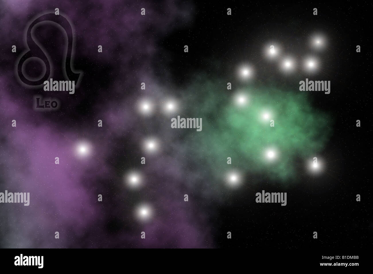 Zodiac - costellazione del Leone, con il segno e il nome di Zodiac. Spazio contro lo sfondo di Galaxy Foto Stock