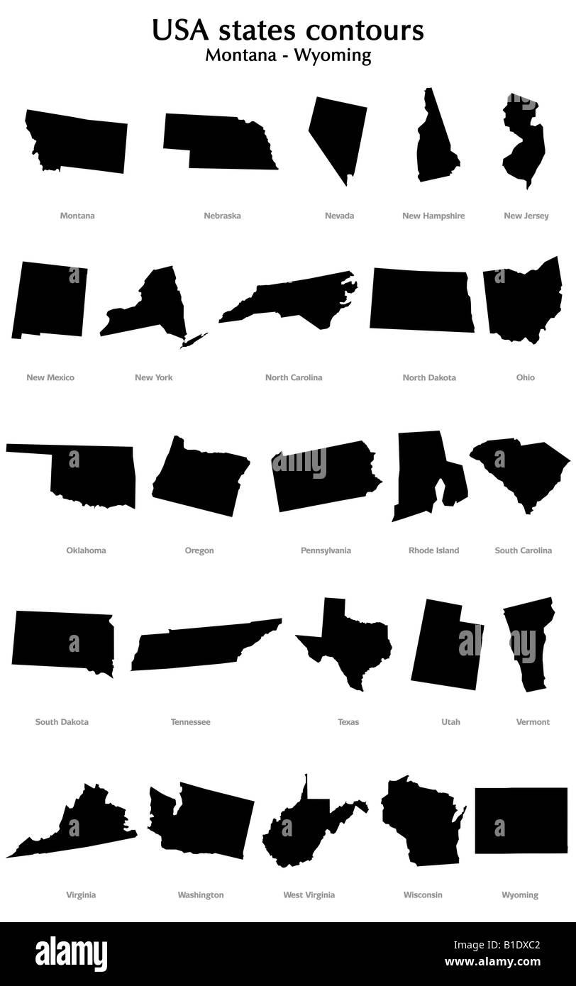 Stati Uniti d'America membri dei contorni, nero su sfondo bianco. Dal Montana al Wyoming in ordine alfabetico Foto Stock