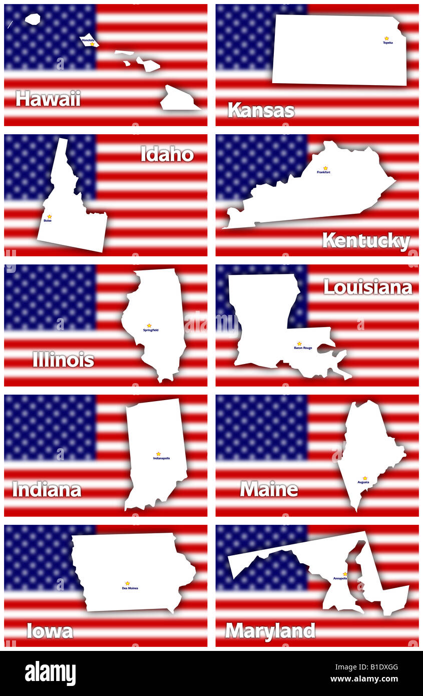 Stati Uniti d'America membri contorni con la città capitale contro sfocato bandiera americana, dalle Hawaii al Maryland in ordine alfabetico Foto Stock