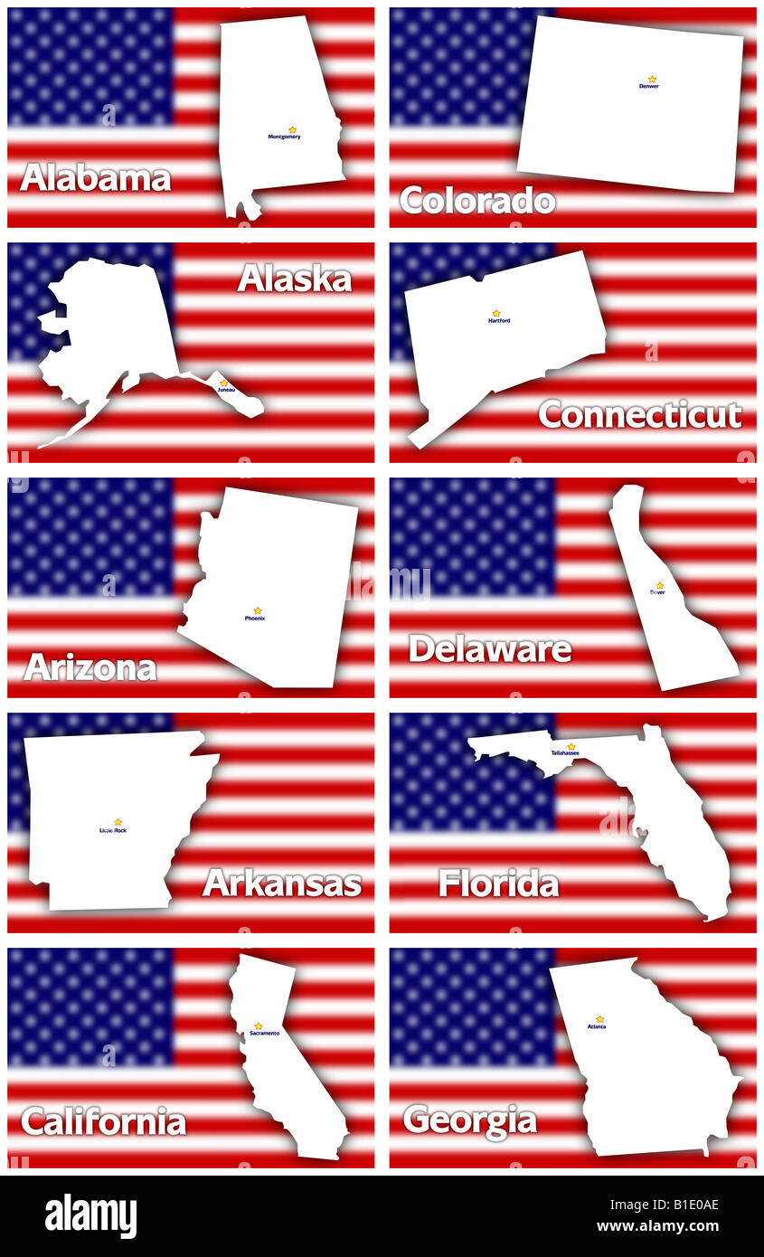 Stati Uniti d'America membri contorni con la città capitale contro sfocato bandiera americana, da Alabama in Georgia in ordine alfabetico Foto Stock