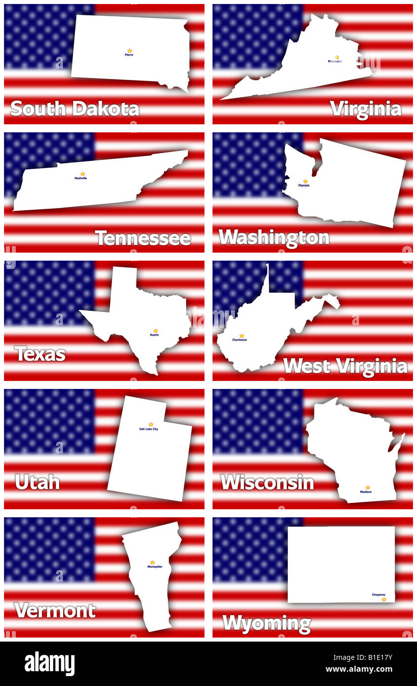 Stati Uniti d'America membri contorni con la città capitale contro sfocato bandiera americana, dal Sud Dakota al Wyoming in ordine alfabetico Foto Stock