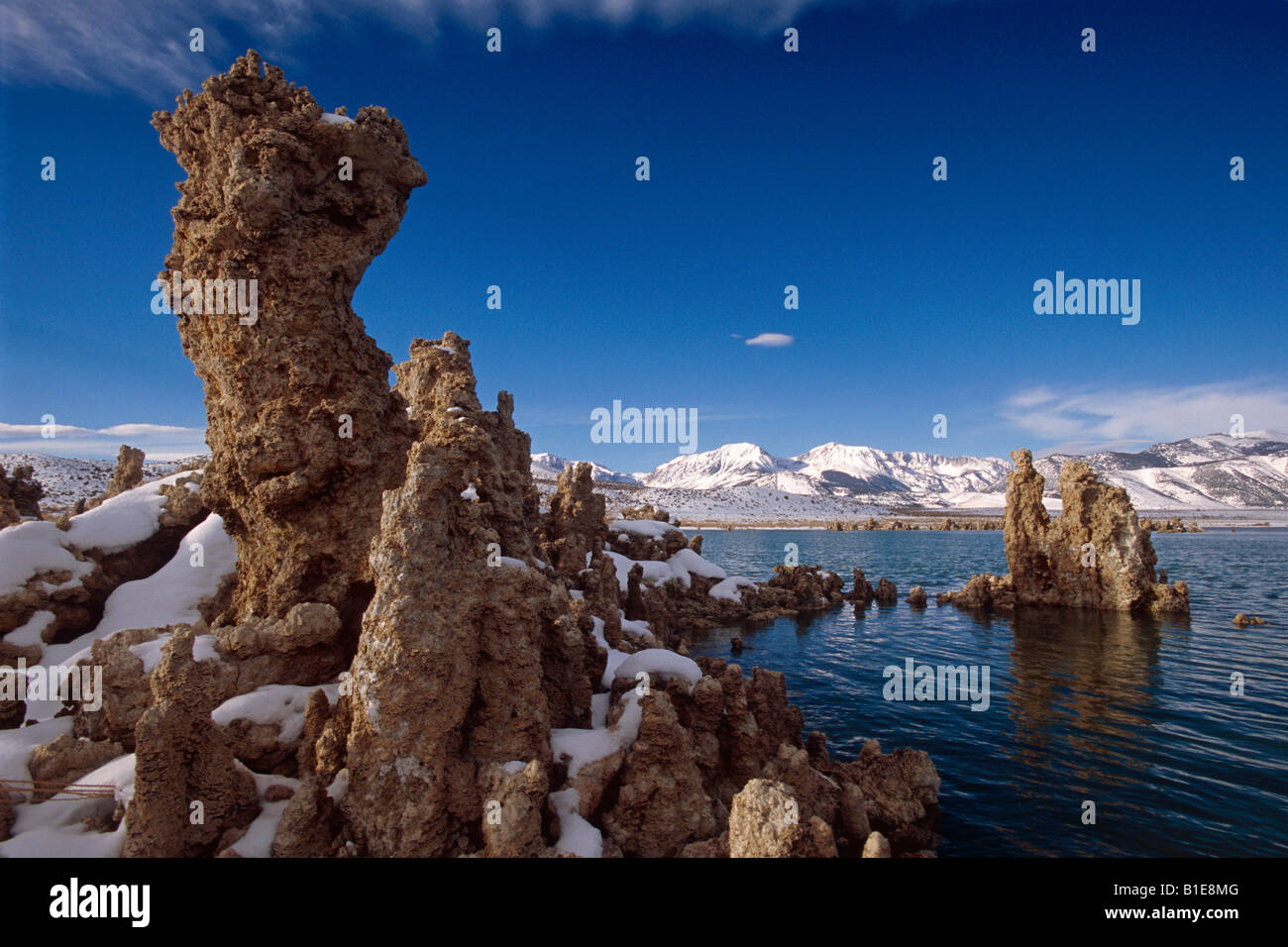 Coperte di neve Torri di tufo Mono Lago Riserva di Stato di California USA Foto Stock