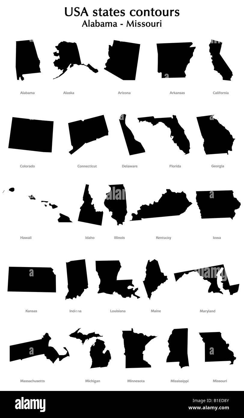 Stati Uniti d'America membri dei contorni, nero su sfondo bianco. Da Alabama in Missouri in ordine alfabetico Foto Stock