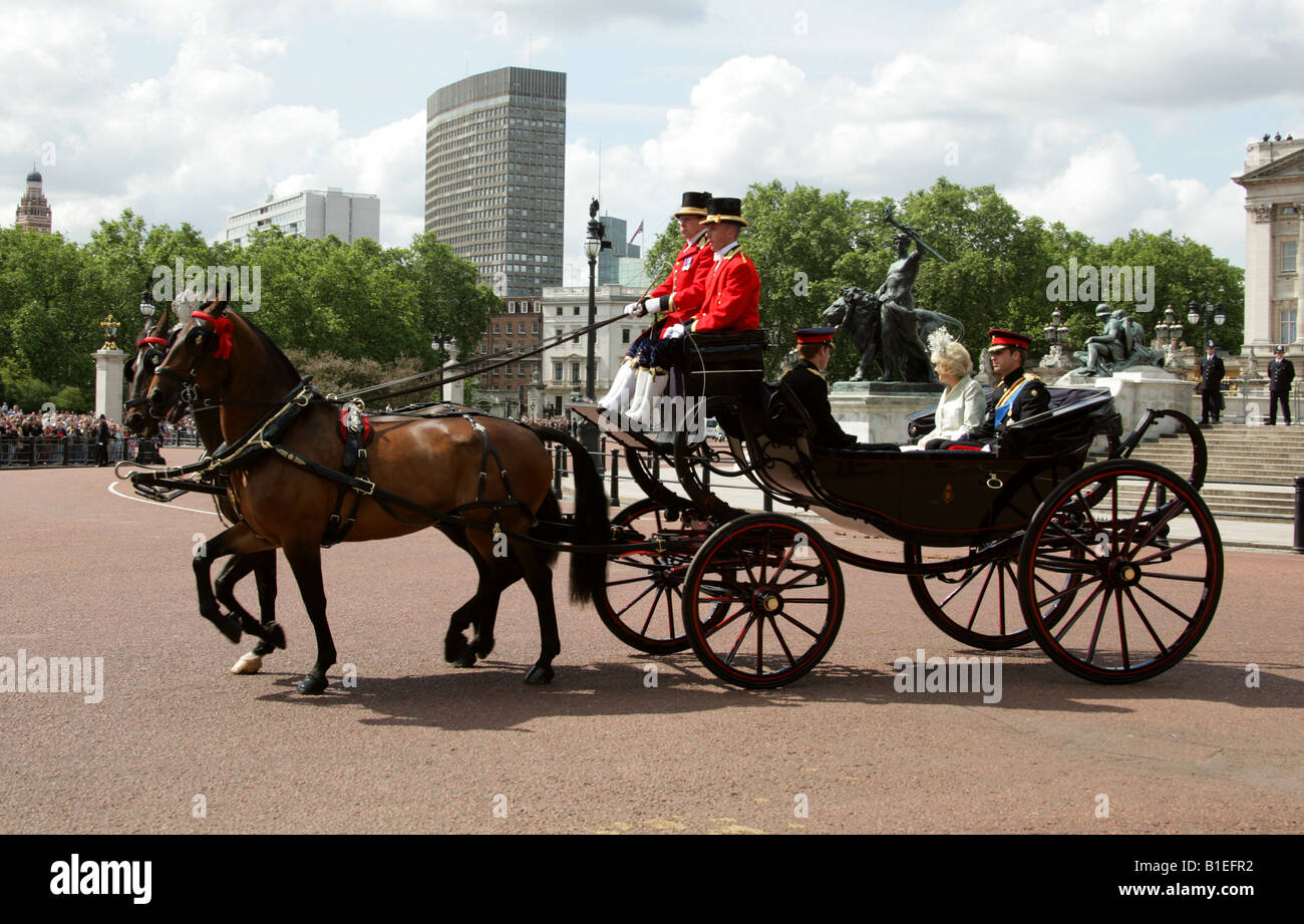 S.a.r. il principe Harry, il principe William e la duchessa di Cornovaglia lasciando Buckingham Palace per assistere al Trooping del colore 2008 Foto Stock