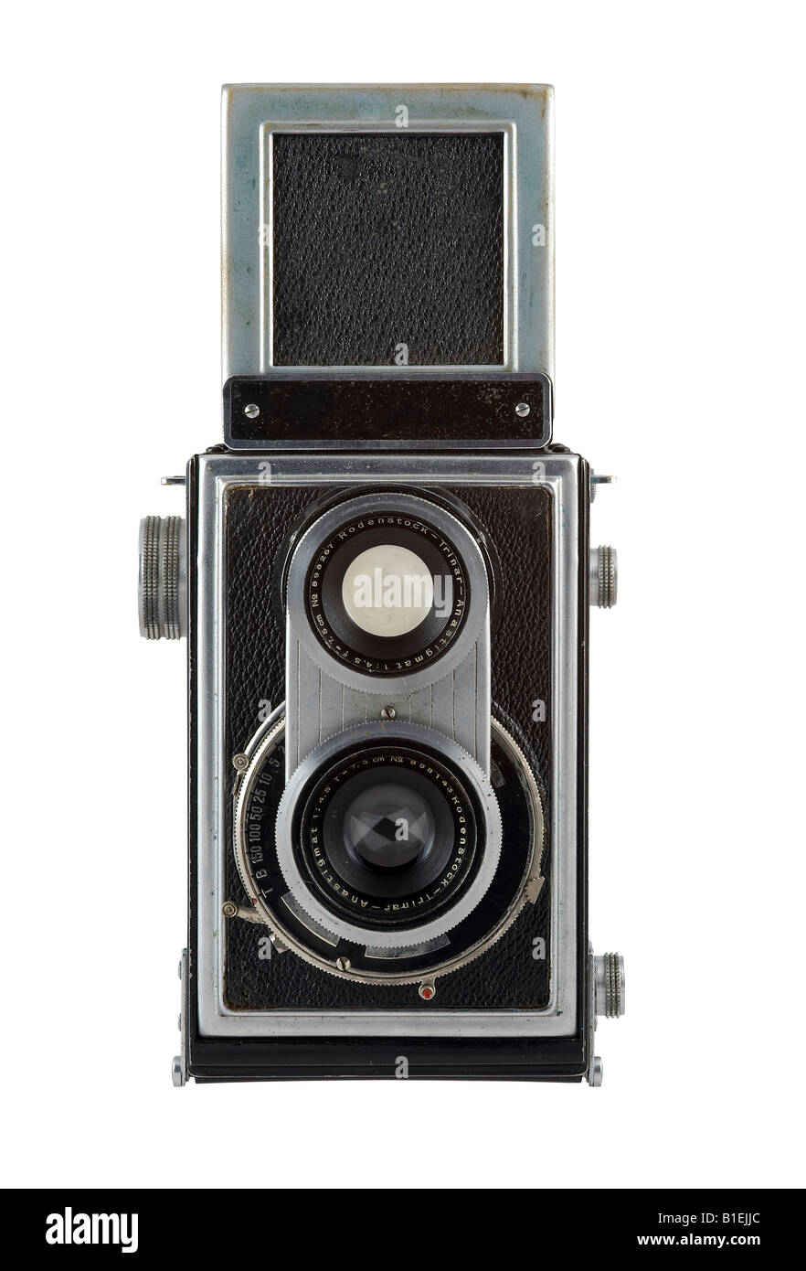 Dettaglio della vecchia lente doppia fotocamera Foto Stock