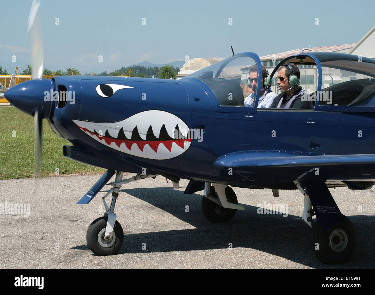 Due piloti di sesso maschile seduto in un aereo Foto Stock