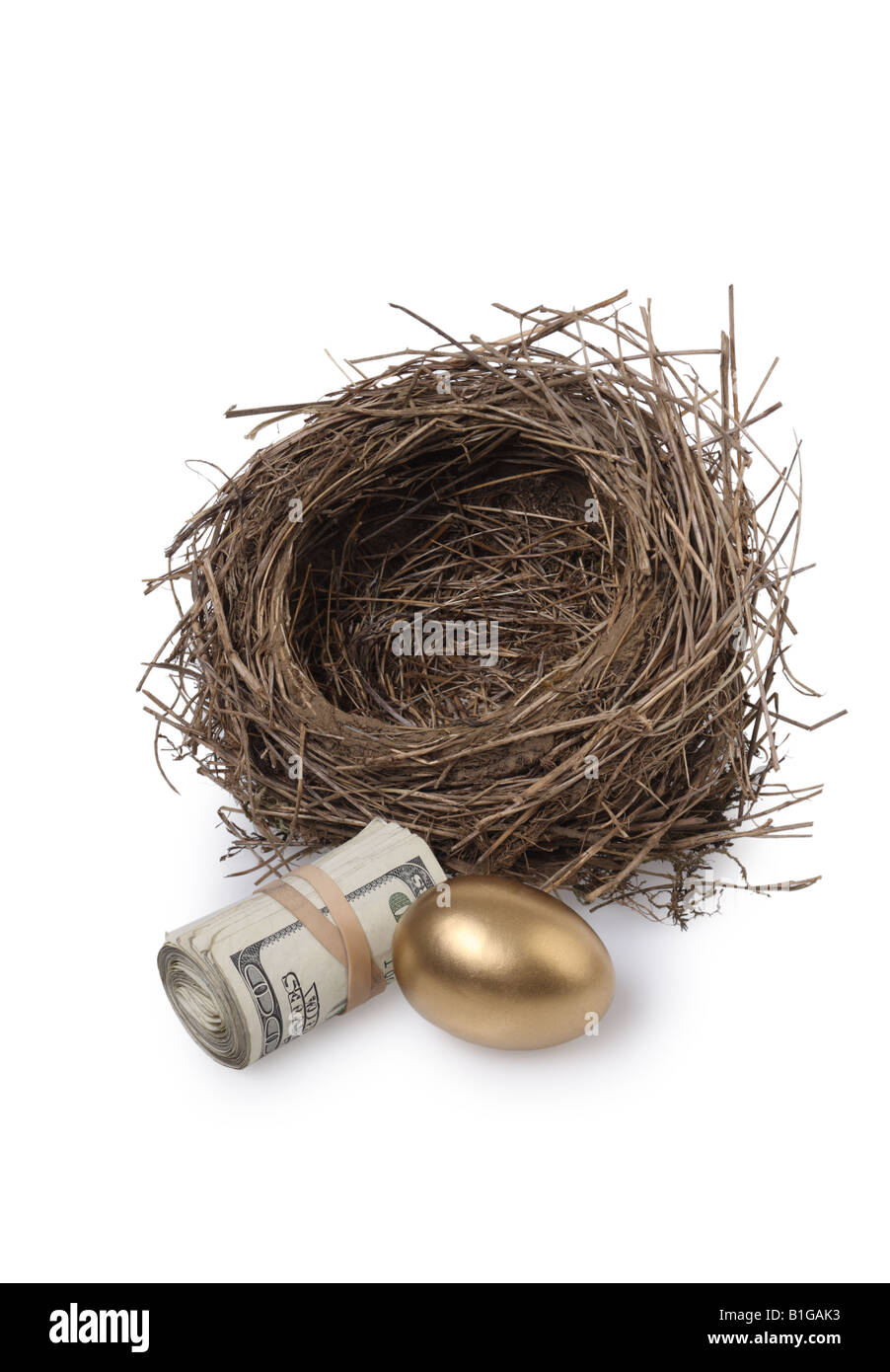 Nido con denaro e Golden Egg ritagliata su sfondo bianco Foto Stock