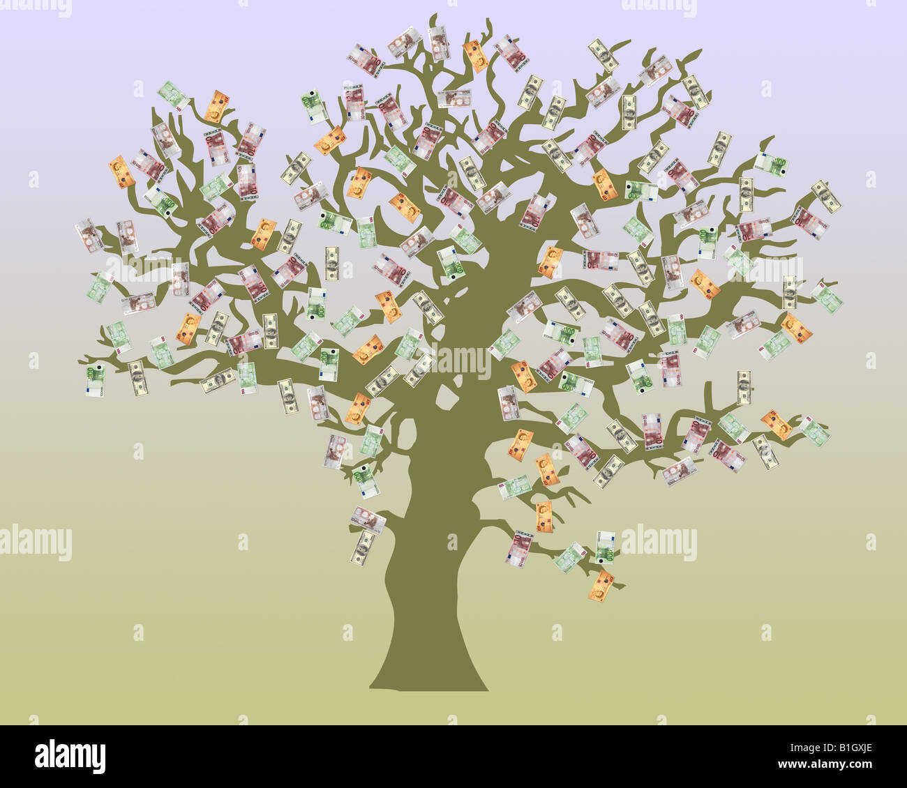 Money Tree. Struttura concettuale illustrazione con diverse valute: dollari, Euro, Sterlina britannica Foto Stock