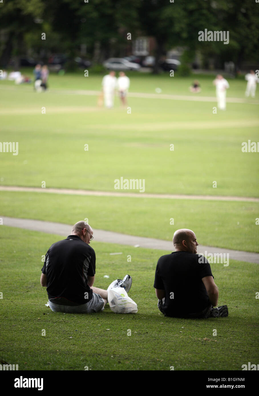 Due uomini guardando mens cricket su Richmond Green. Foto Stock