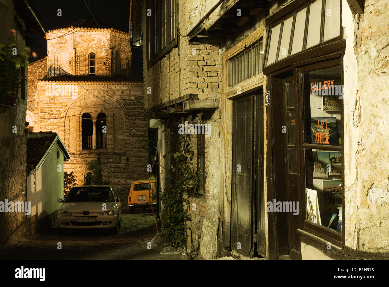 Orhid città vecchia di notte, Macedonia Foto Stock