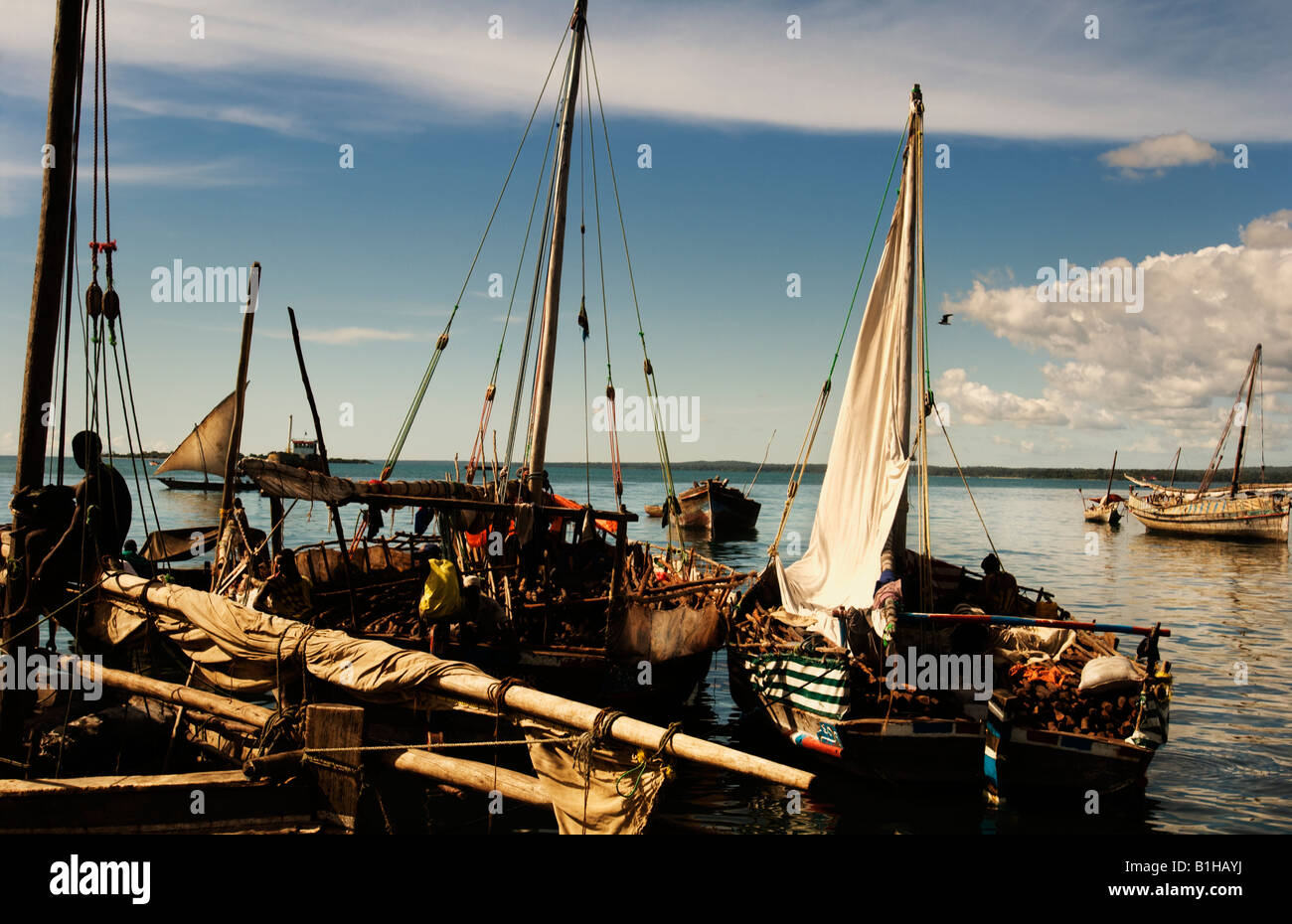 Dhow navi a vela in pietra porta cittadina, Zanzibar, Tanzania Africa Orientale. Amyn Nasser amynnasser [camera per copia] botteghe artigiane Foto Stock